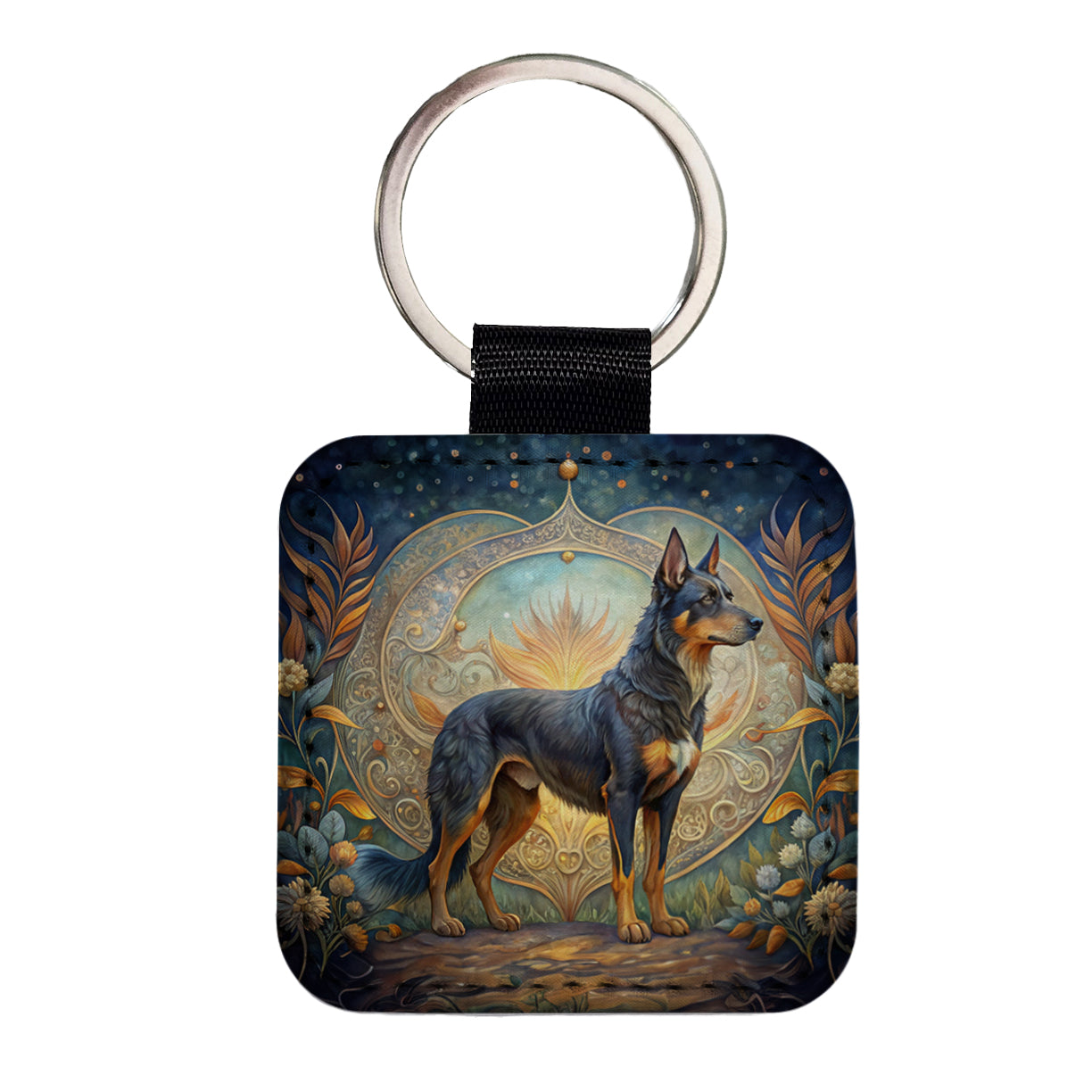 Beauceron Dog Art Nouveau Square Faux Leather Keychain