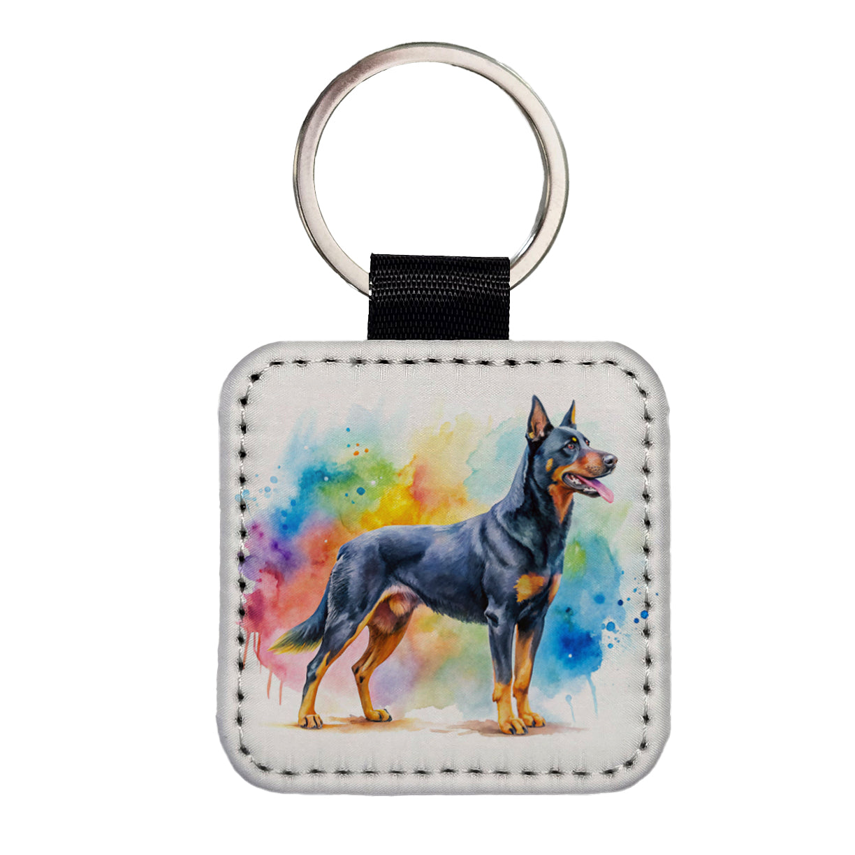 Beauceron Dog Watercolor Style Square Faux Leather Keychain