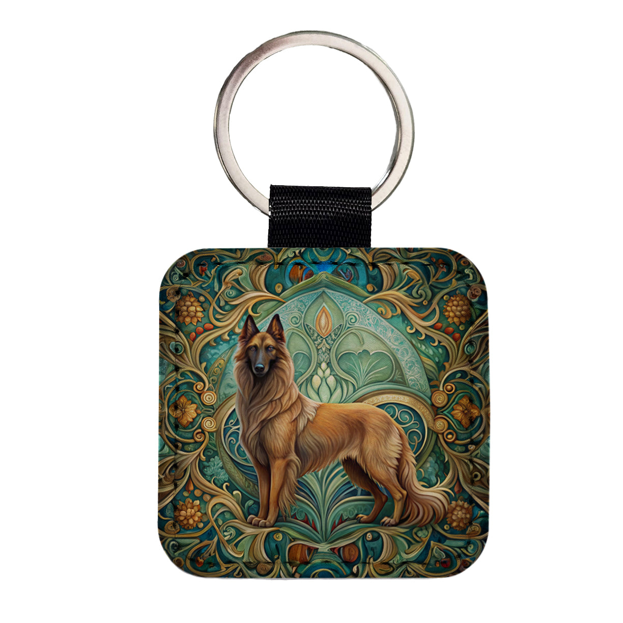 Belgian Tervuren Dog Art Nouveau Square Faux Leather Keychain