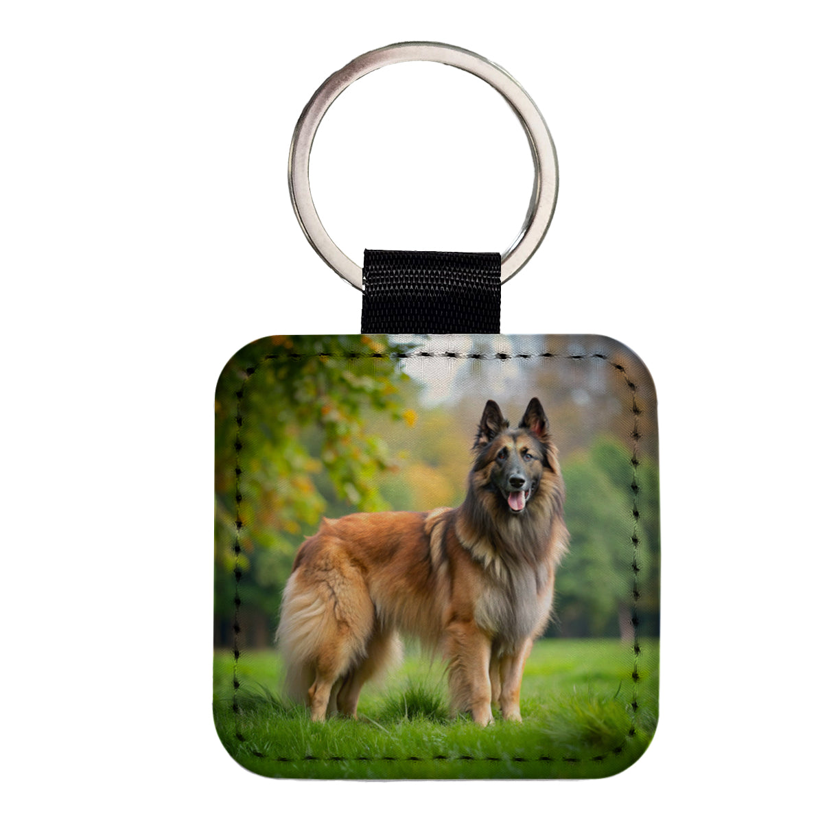 Belgian Tervuren Dog Photo Square Faux Leather Keychain