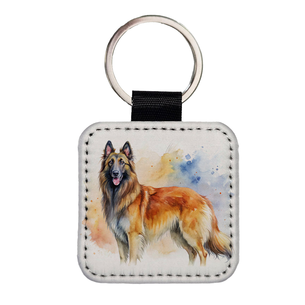 Belgian Tervuren Dog Watercolor Style Square Faux Leather Keychain