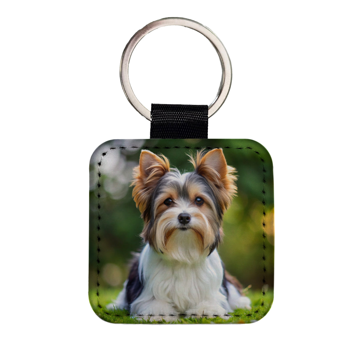 Biewer Terrier Dog Photo Square Faux Leather Keychain