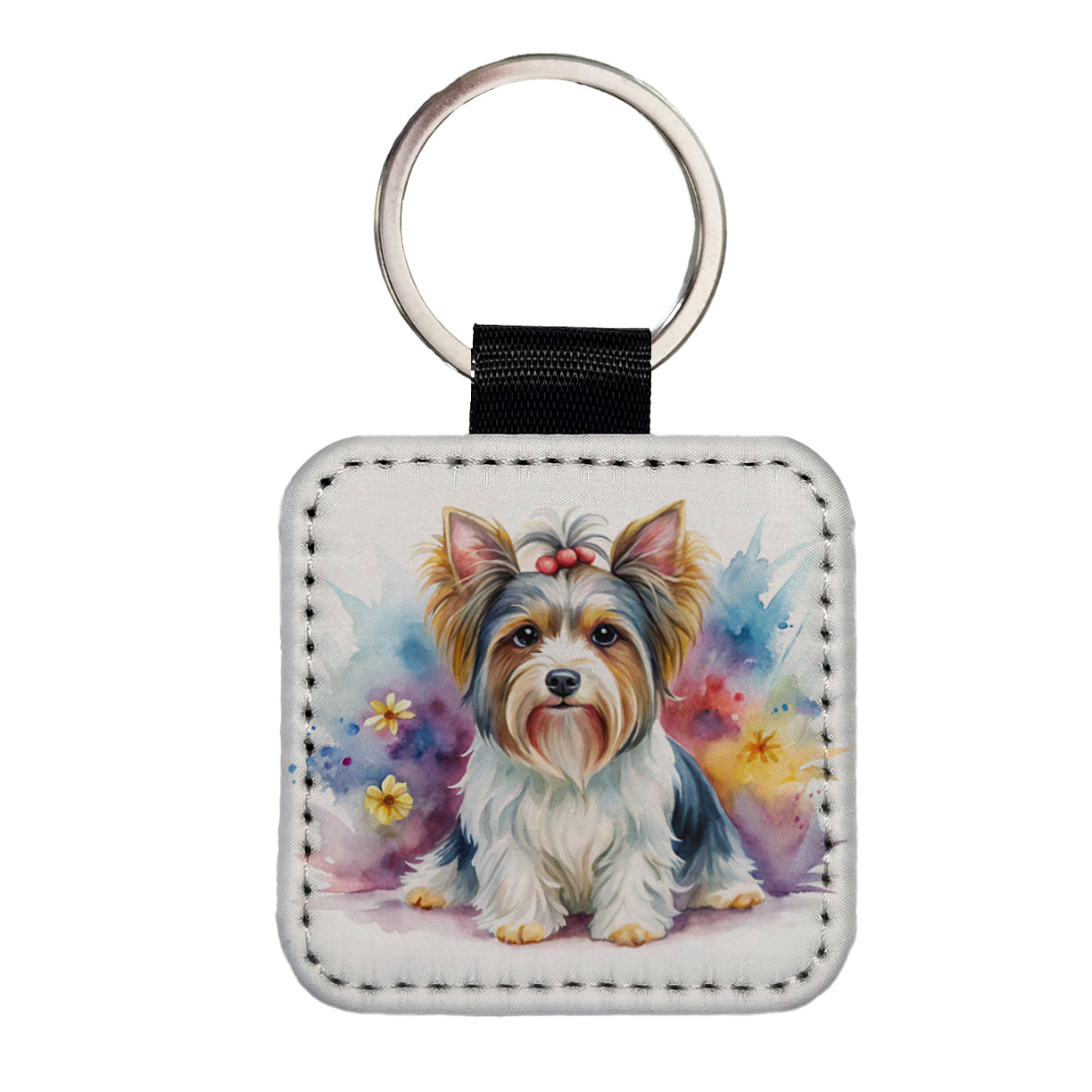 Biewer Terrier Dog Watercolor Style Square Faux Leather Keychain