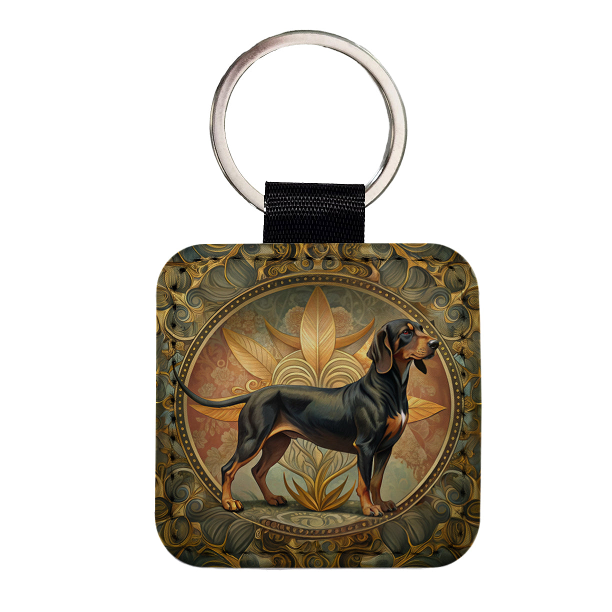 Black And Tan Coonhound Dog Art Nouveau Square Faux Leather Keychain