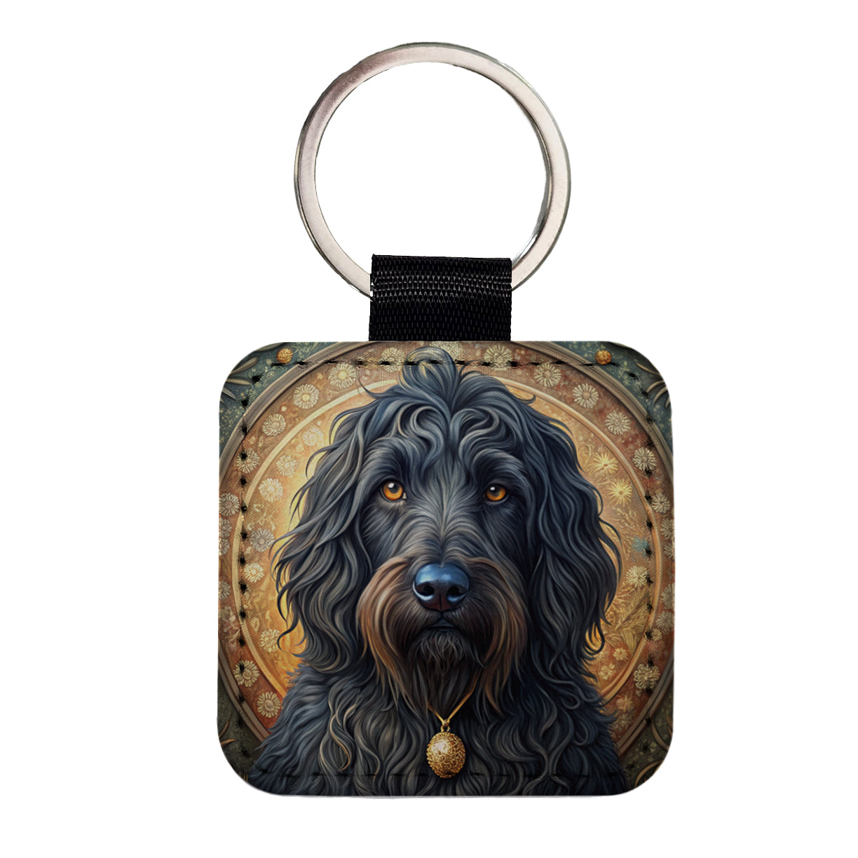 Black Russian Terrier Dog Art Nouveau Square Faux Leather Keychain