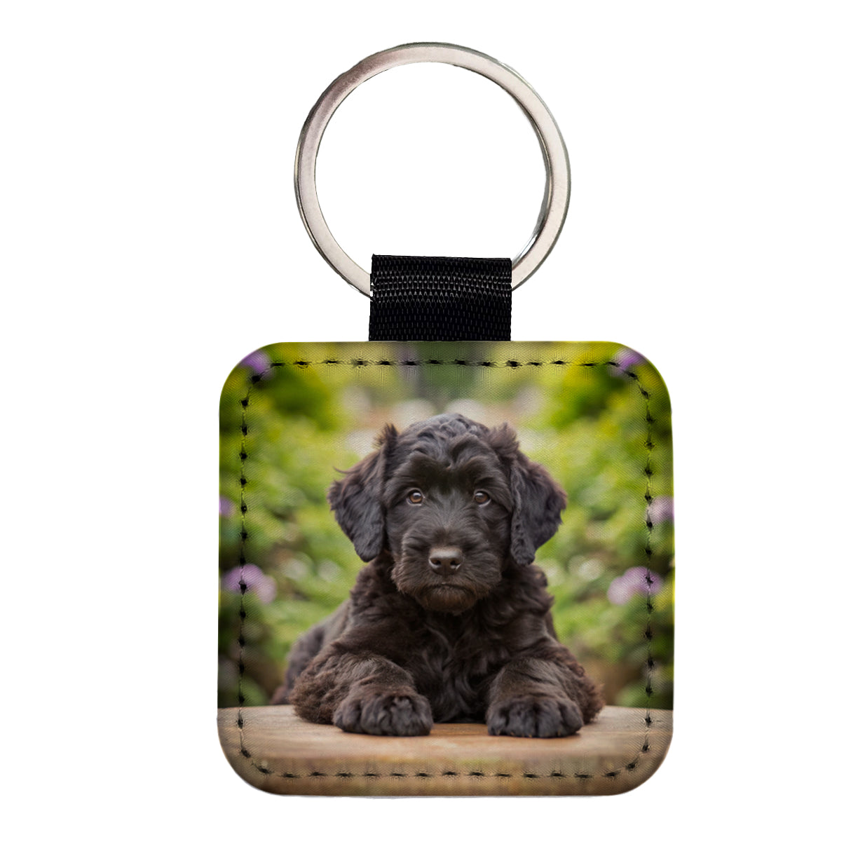 Black Russian Terrier Dog Puppy Photo Square Faux Leather Keychain