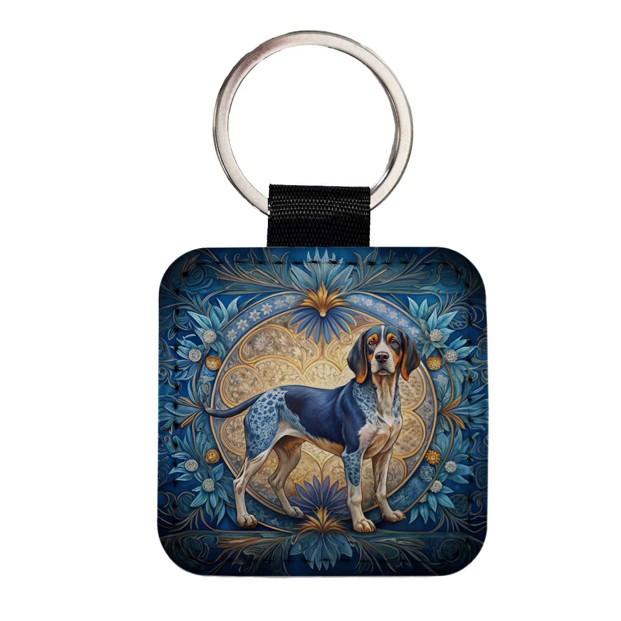 Bluetick Coonhound Dog Art Nouveau Square Faux Leather Keychain