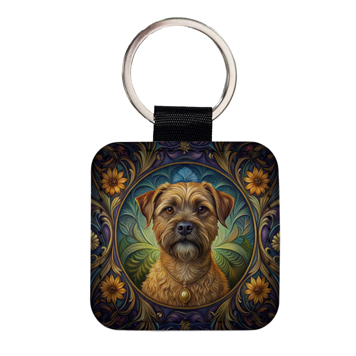 Border Terrier Dog Art Nouveau Square Faux Leather Keychain