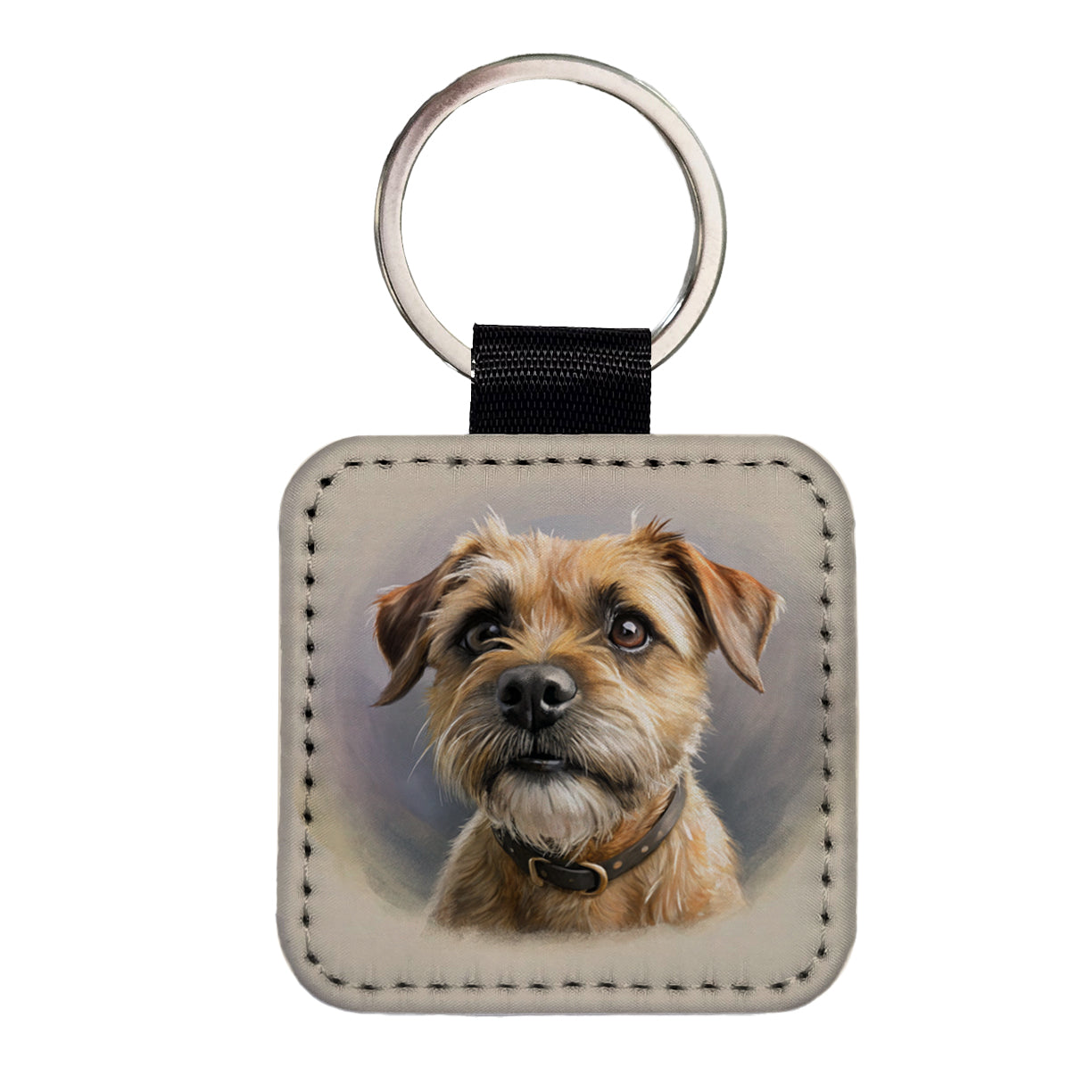 Border Terrier Dog Illustration Square Faux Leather Keychain