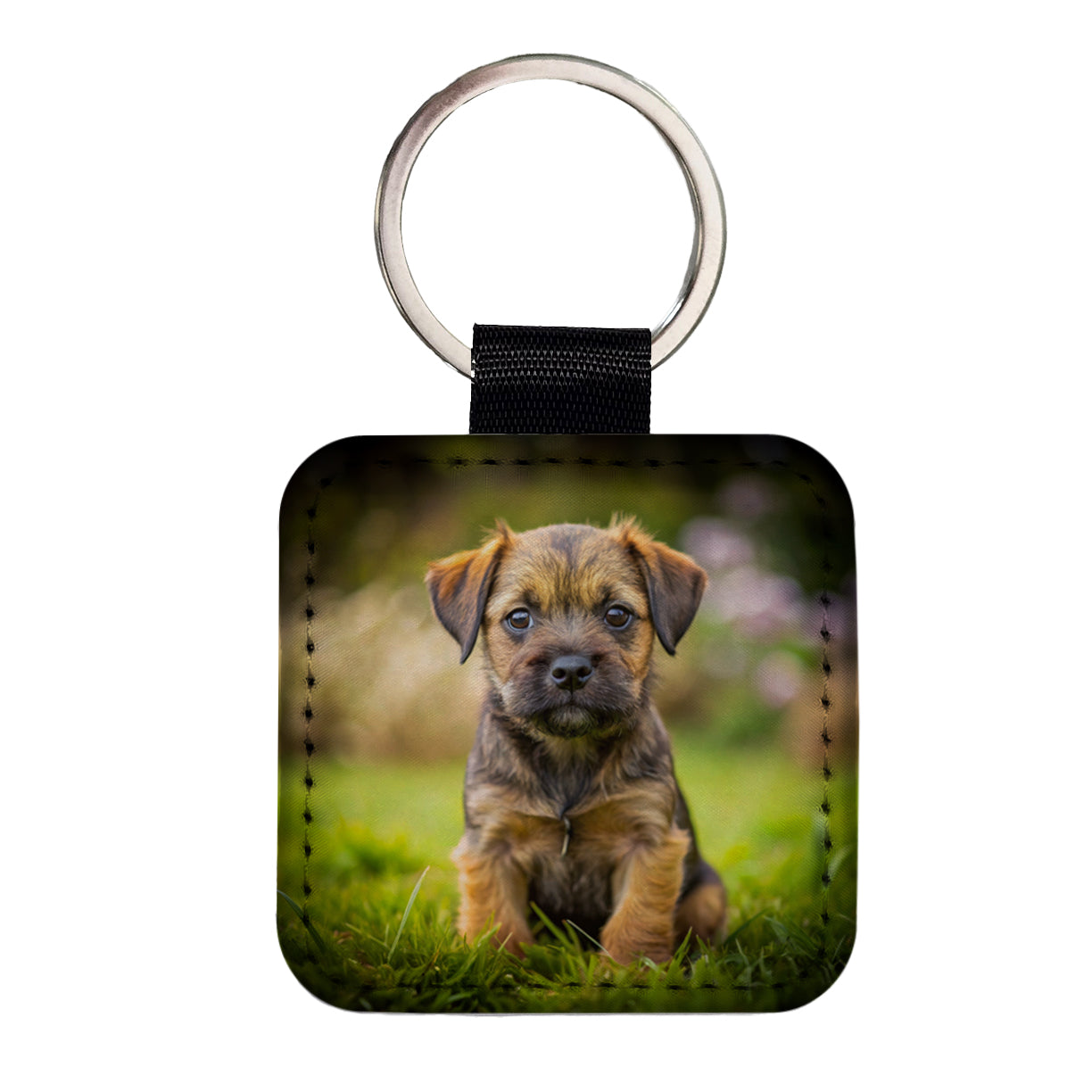 Border Terrier Dog Puppy Photo Square Faux Leather Keychain