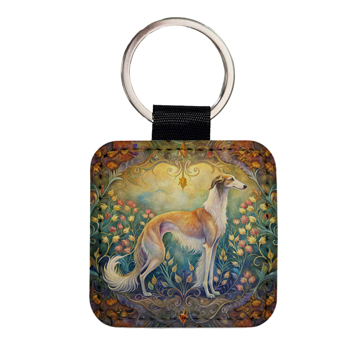 Borzoi Dog Art Nouveau Square Faux Leather Keychain