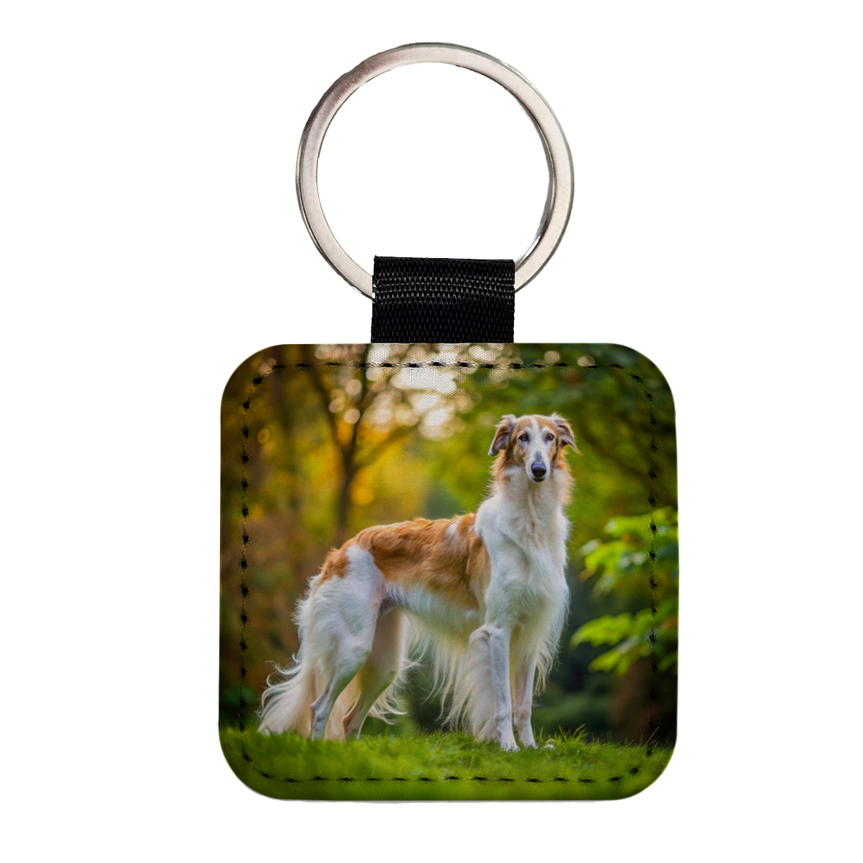 Borzoi Dog Photo Square Faux Leather Keychain