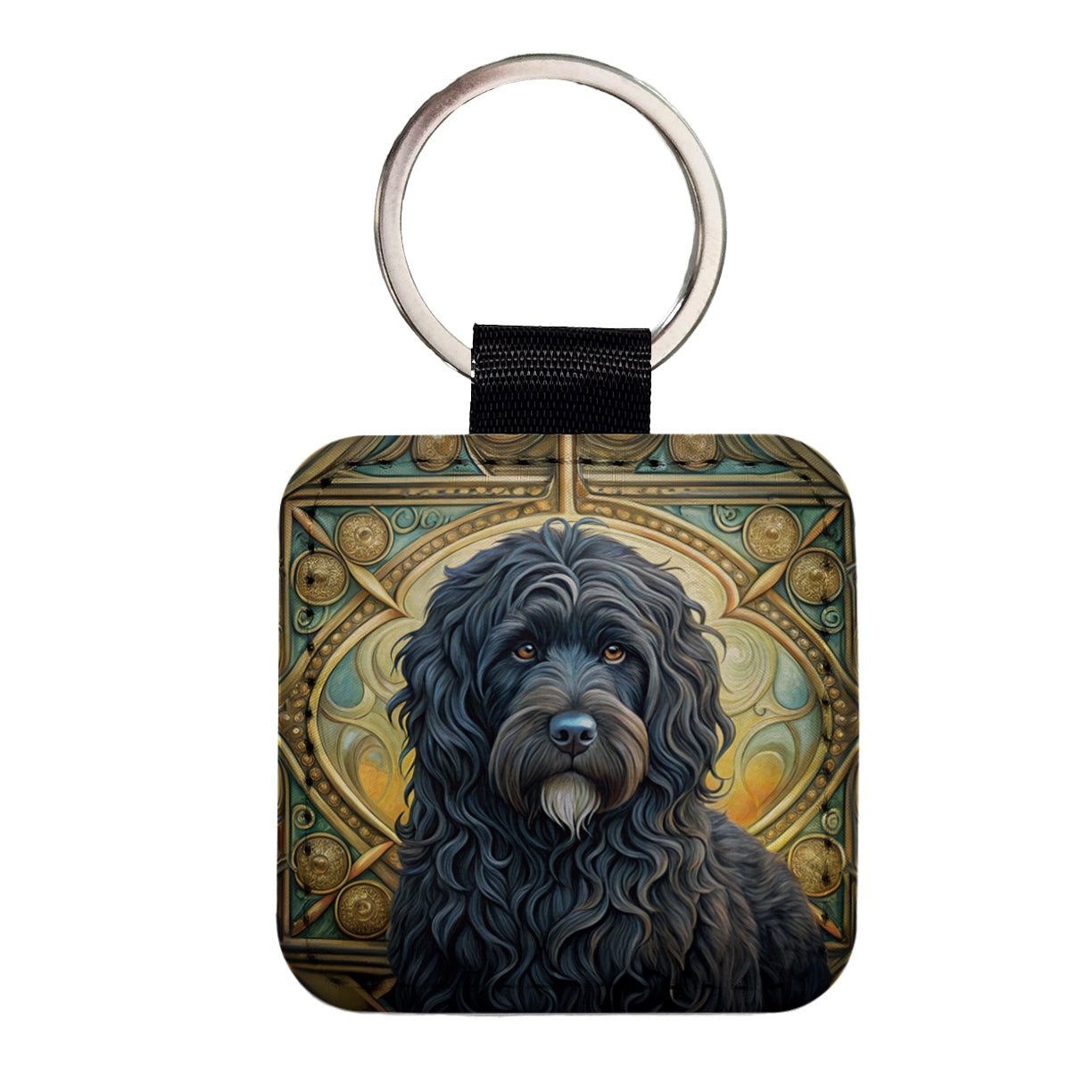 Bouviers Des Flandres Dog Art Nouveau Square Faux Leather Keychain