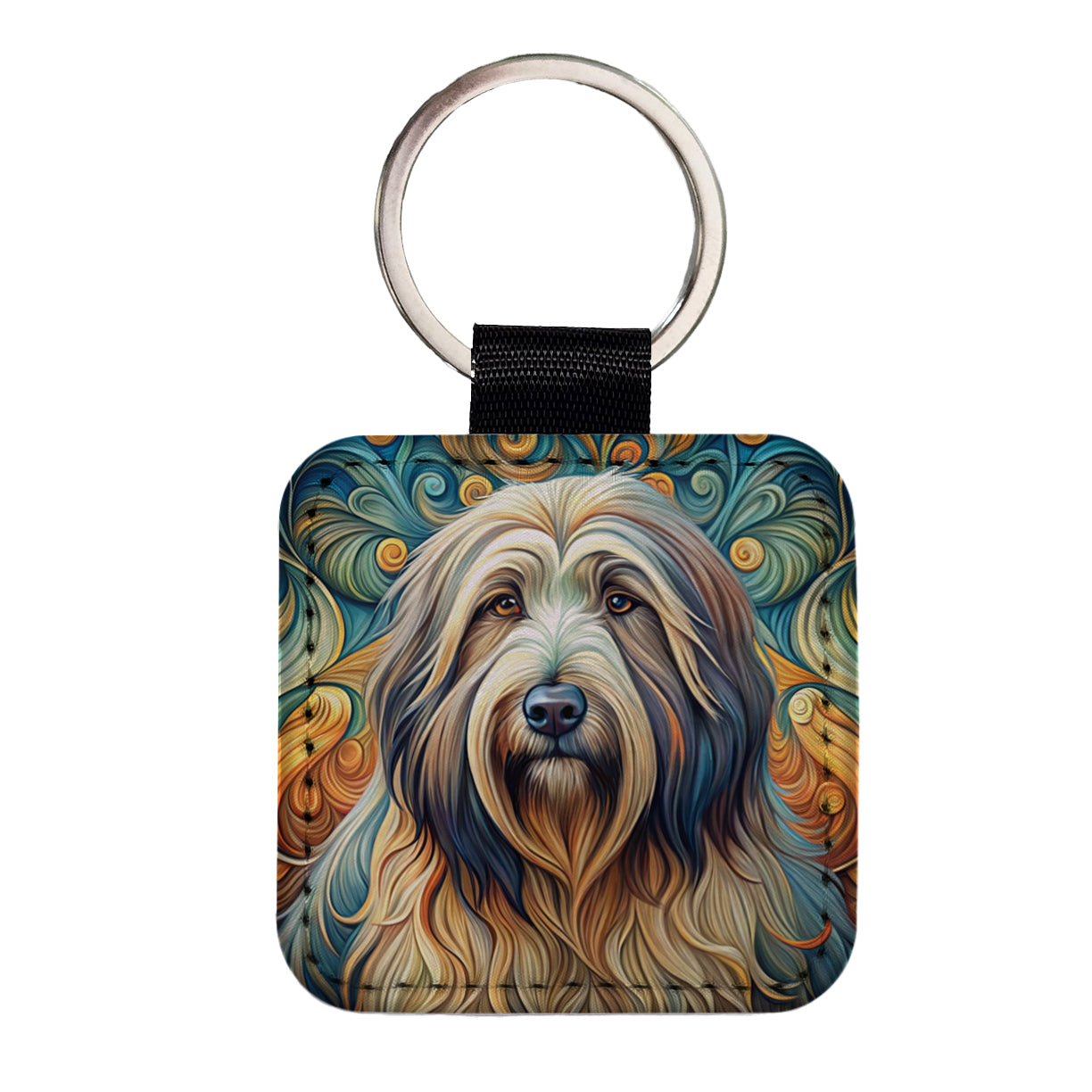 Briard Dog Art Nouveau Square Faux Leather Keychain