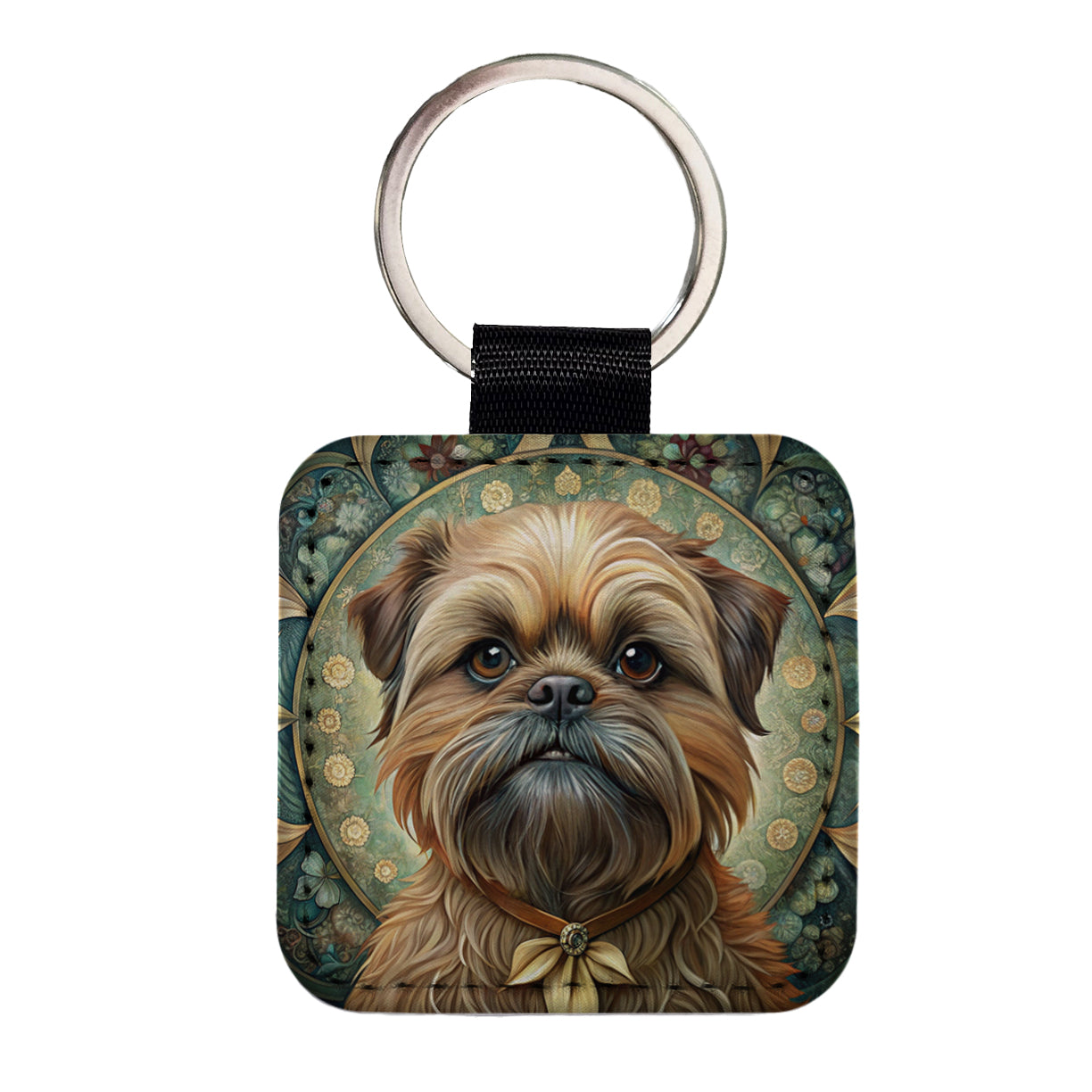 Brussels Griffon Dog Art Nouveau Square Faux Leather Keychain