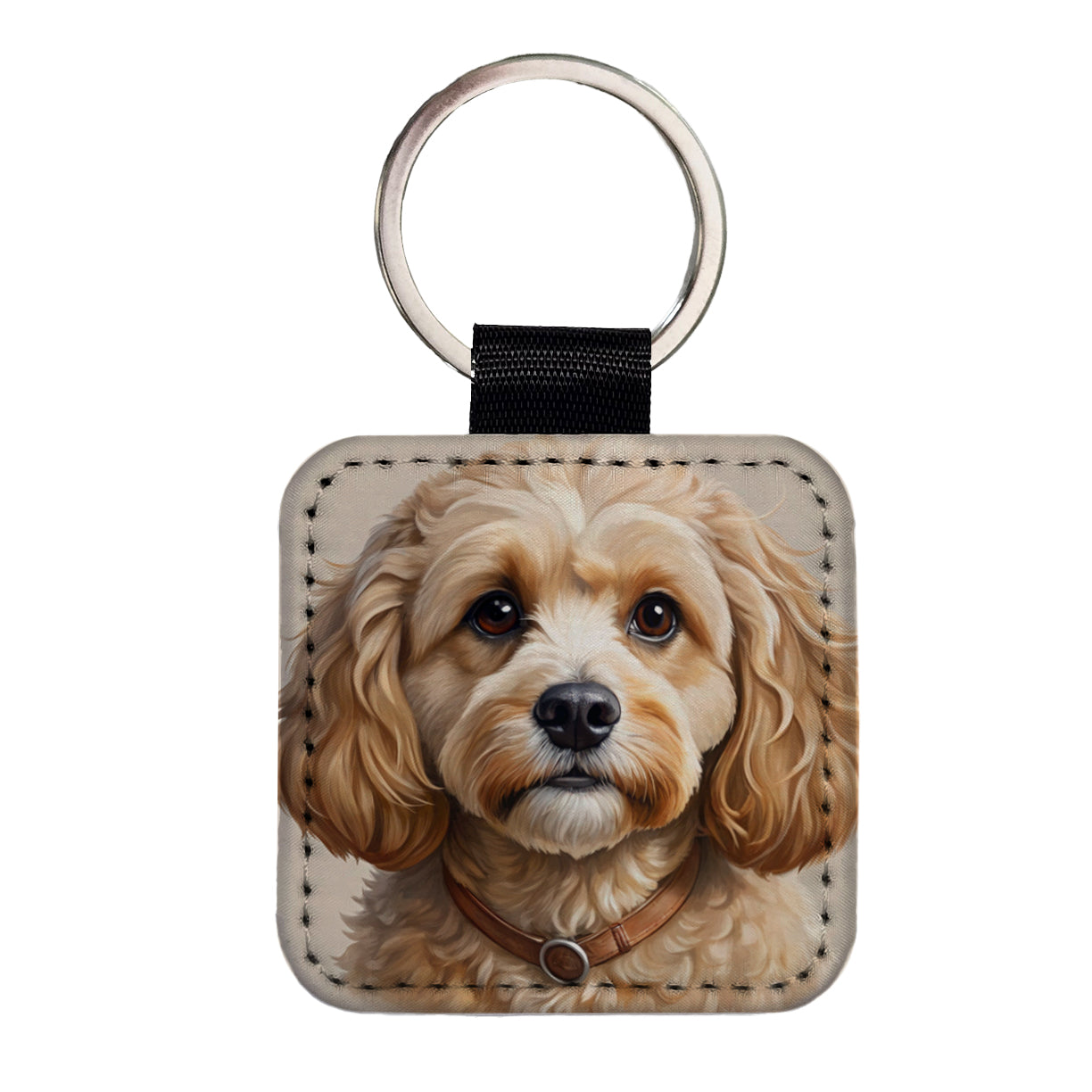 Cavapoo Dog Illustration Square Faux Leather Keychain
