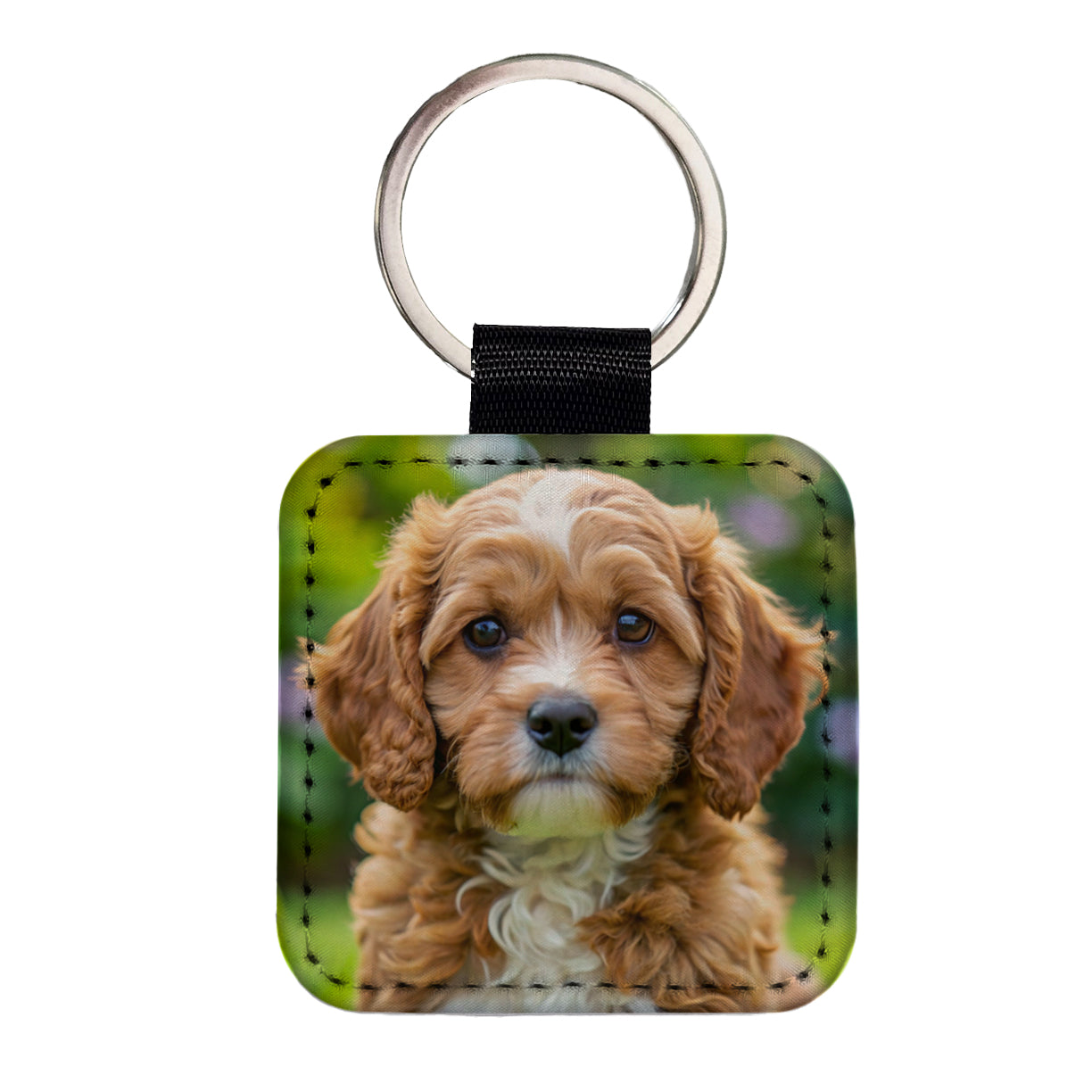 Cavapoo Dog Puppy Photo Square Faux Leather Keychain