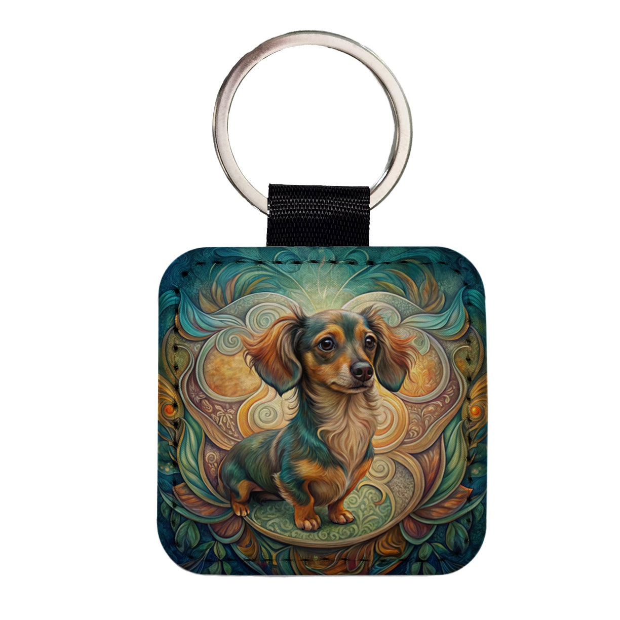 Chiweenie Dog Art Nouveau Square Faux Leather Keychain