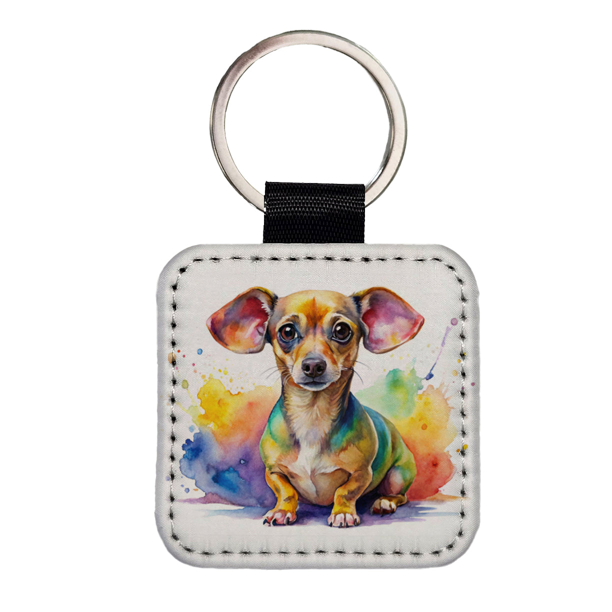 Chiweenie Dog Watercolor Style Square Faux Leather Keychain