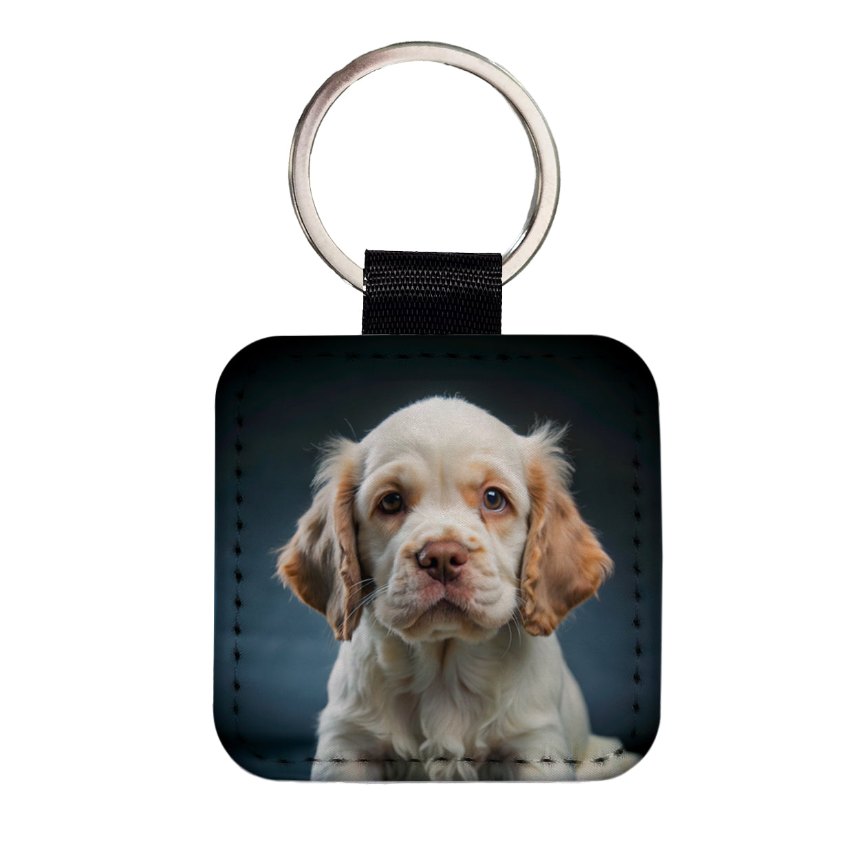 Clumber Spaniel Dog Puppy Photo Square Faux Leather Keychain