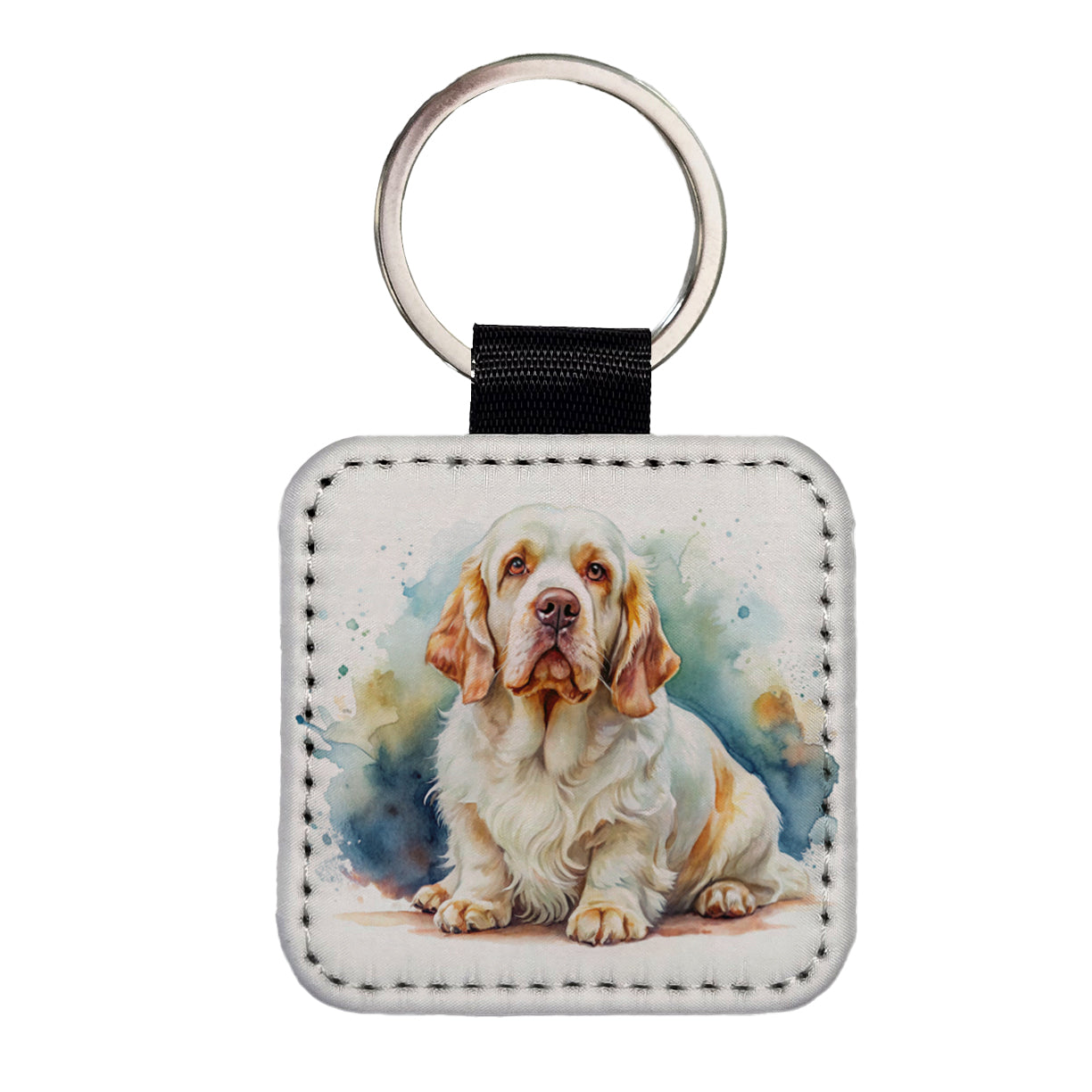 Clumber Spaniel Dog Watercolor Style Square Faux Leather Keychain