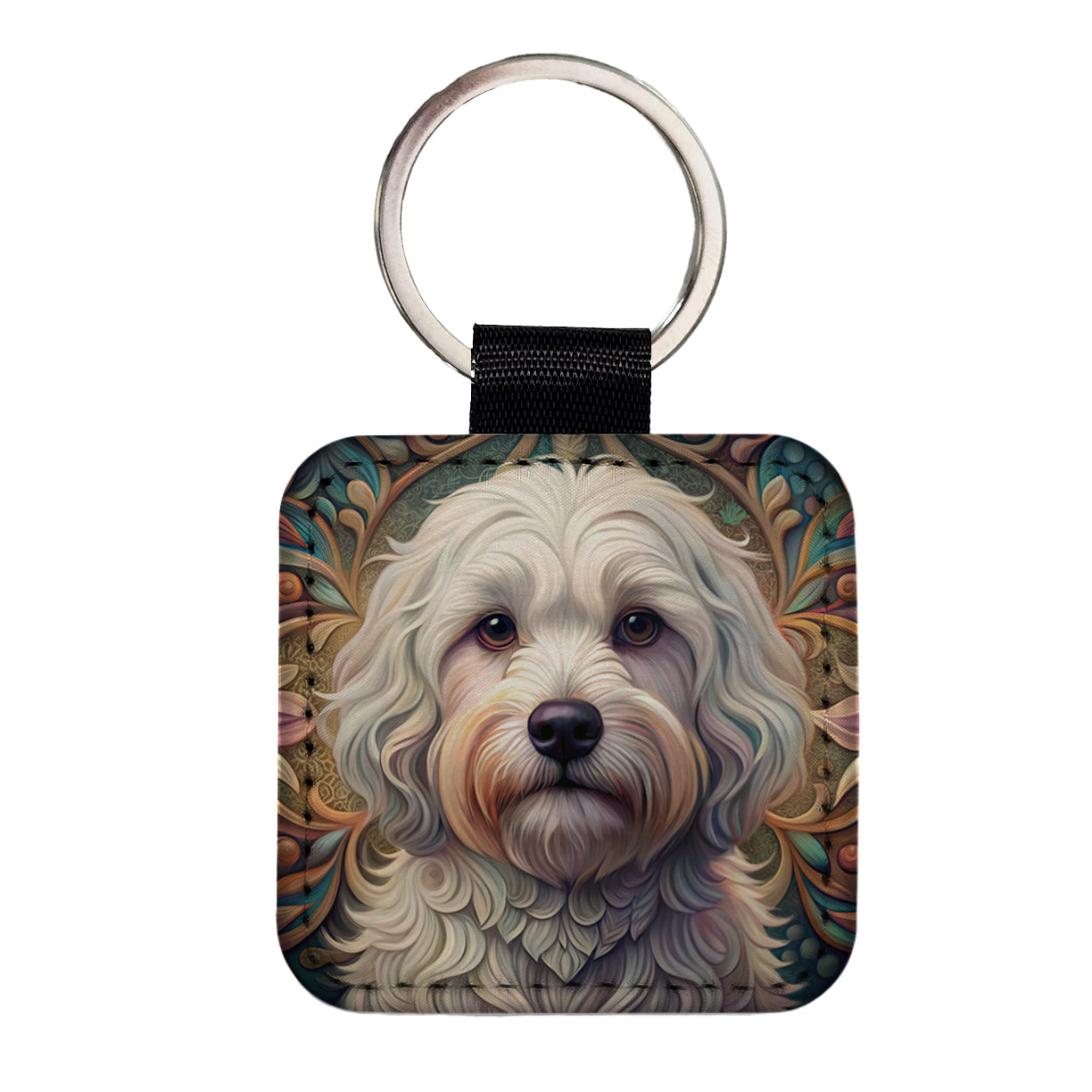Coton De Tulear Dog Art Nouveau Square Faux Leather Keychain