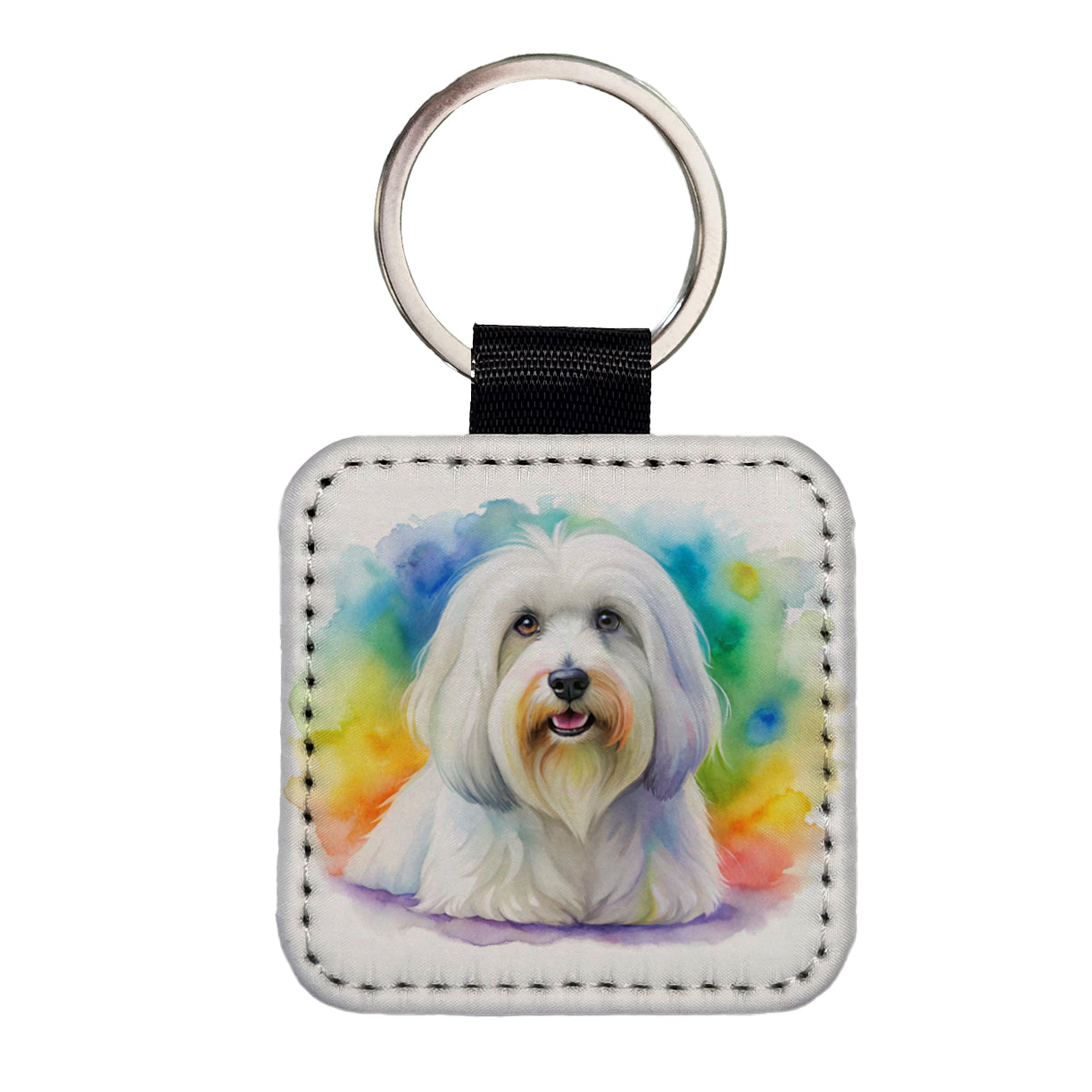 Coton De Tulear Dog Watercolor Style Square Faux Leather Keychain