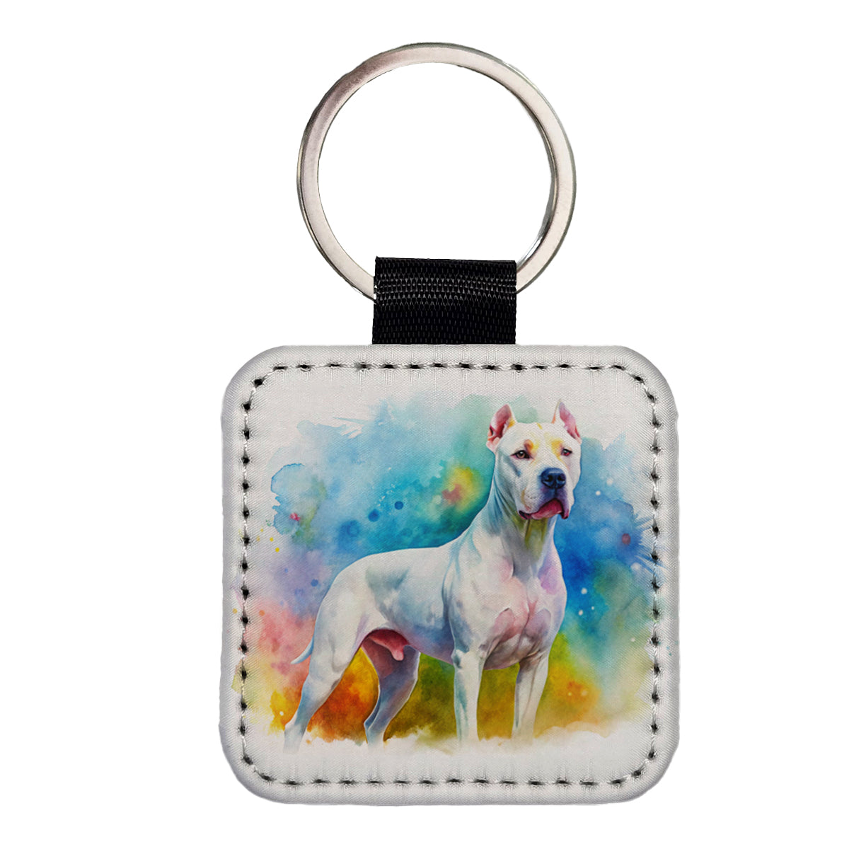 Dogo Argentino Dog Watercolor Style Square Faux Leather Keychain