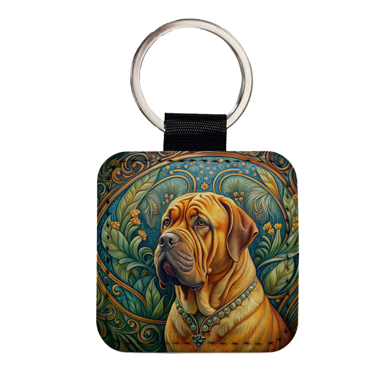 Dogues De Bordeaux Dog Art Nouveau Square Faux Leather Keychain