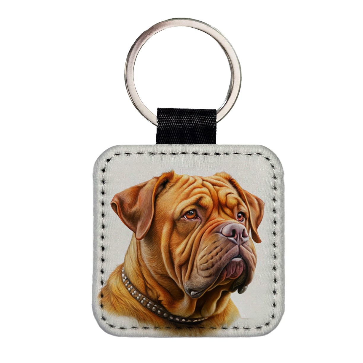 Dogues De Bordeaux Dog Illustration Square Faux Leather Keychain