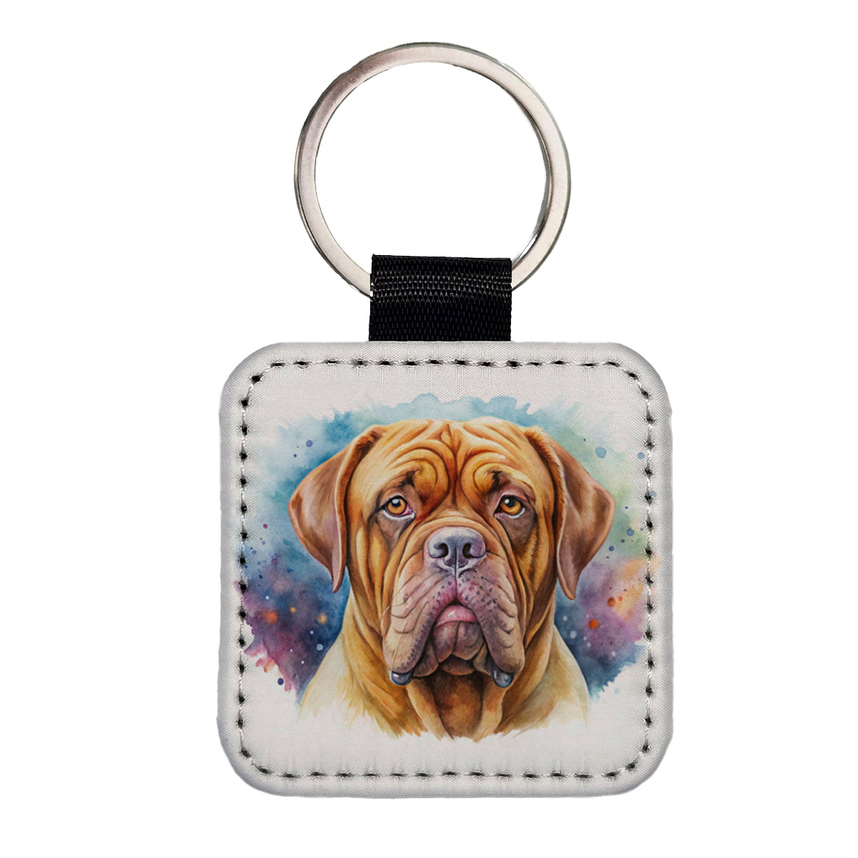 Dogues De Bordeaux Dog Watercolor Style Square Faux Leather Keychain