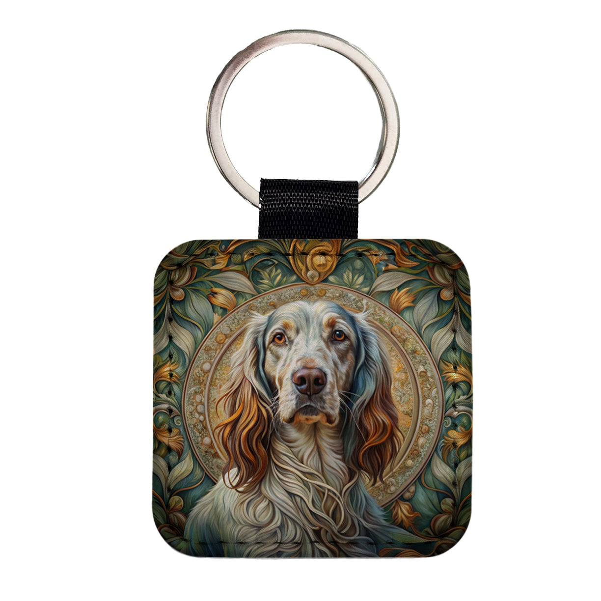 English Setter Dog Art Nouveau Square Faux Leather Keychain