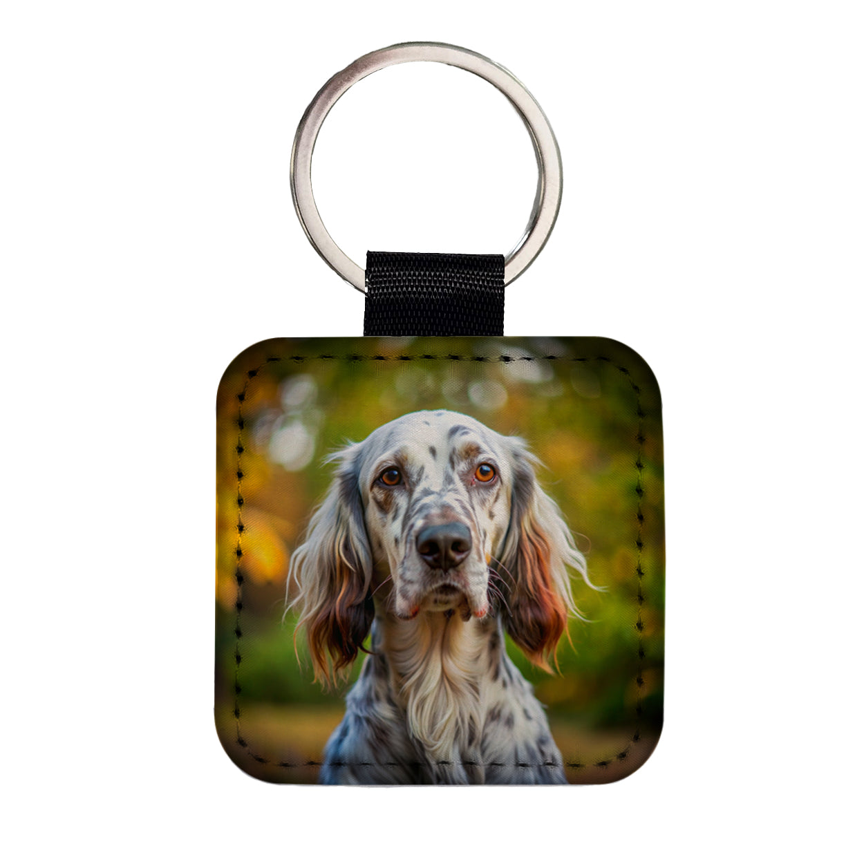 English Setter Dog Photo Square Faux Leather Keychain
