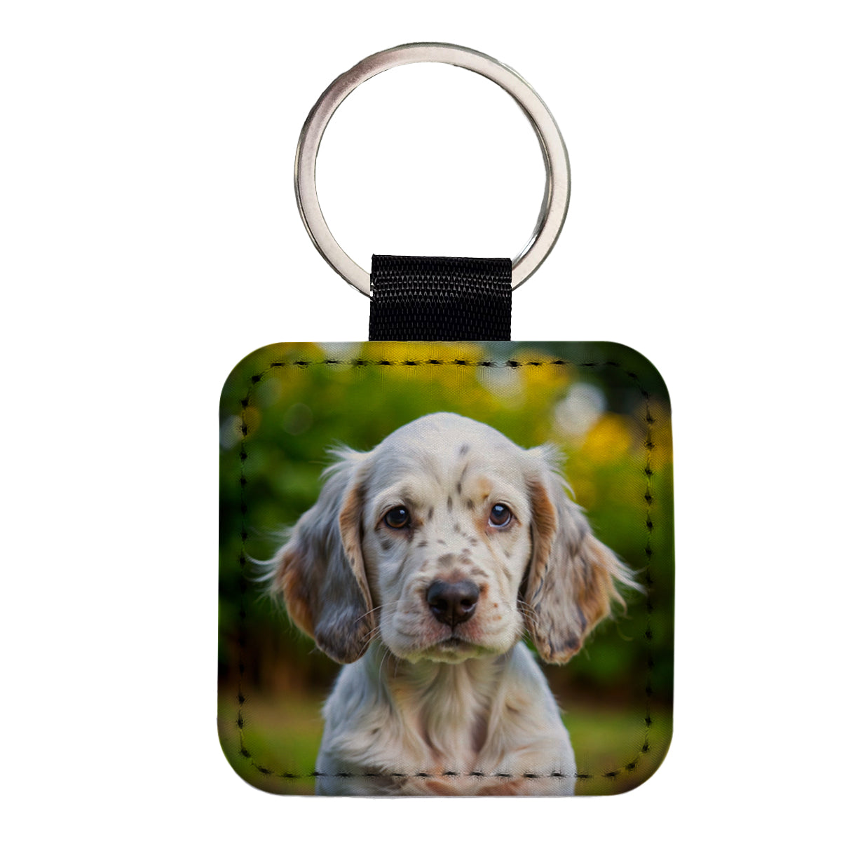 English Setter Dog Puppy Photo Square Faux Leather Keychain
