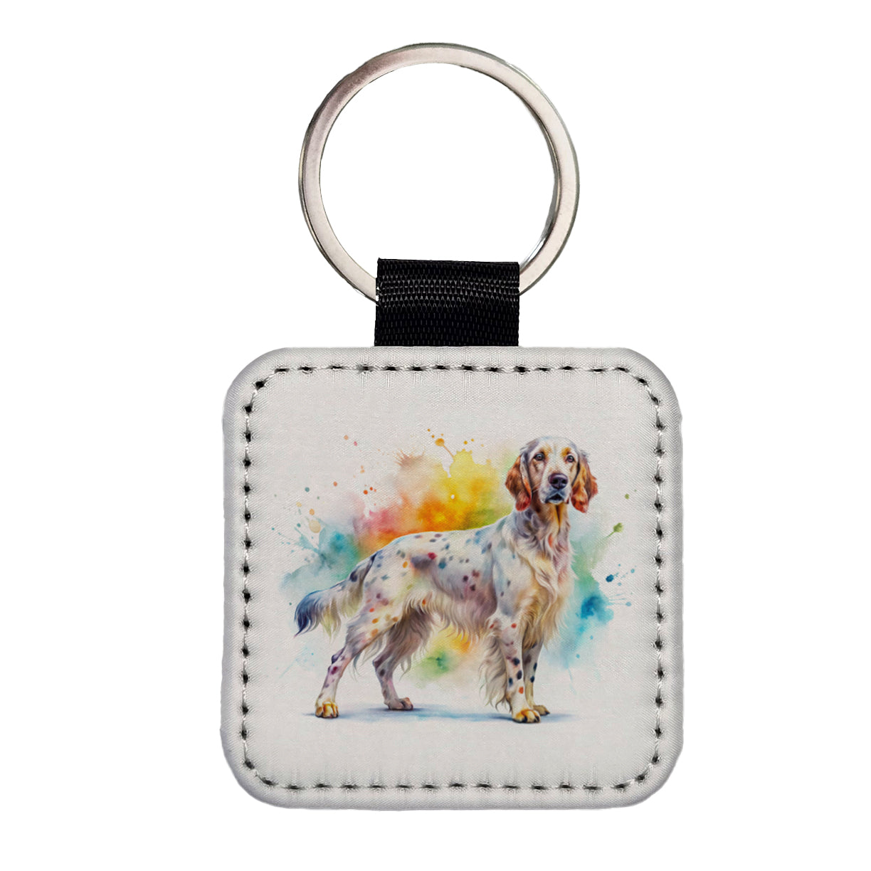 English Setter Dog Watercolor Style Square Faux Leather Keychain