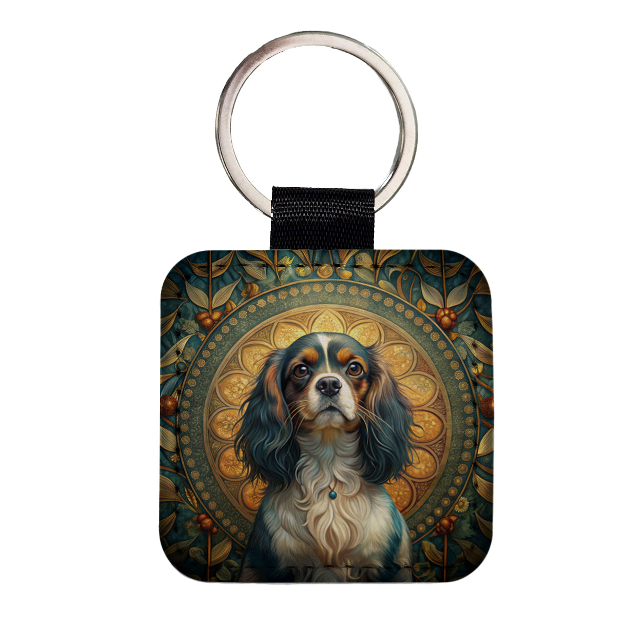 English Toy Spaniel Dog Art Nouveau Square Faux Leather Keychain