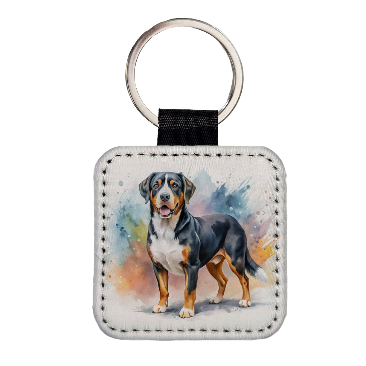 Greater Swiss Mountain Dog Watercolor Style Square Faux Leather Keychain