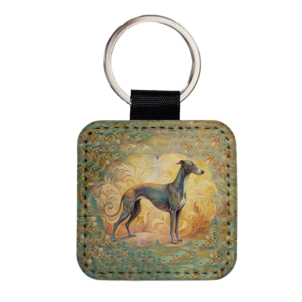 Greyhound Dog Art Nouveau Square Faux Leather Keychain