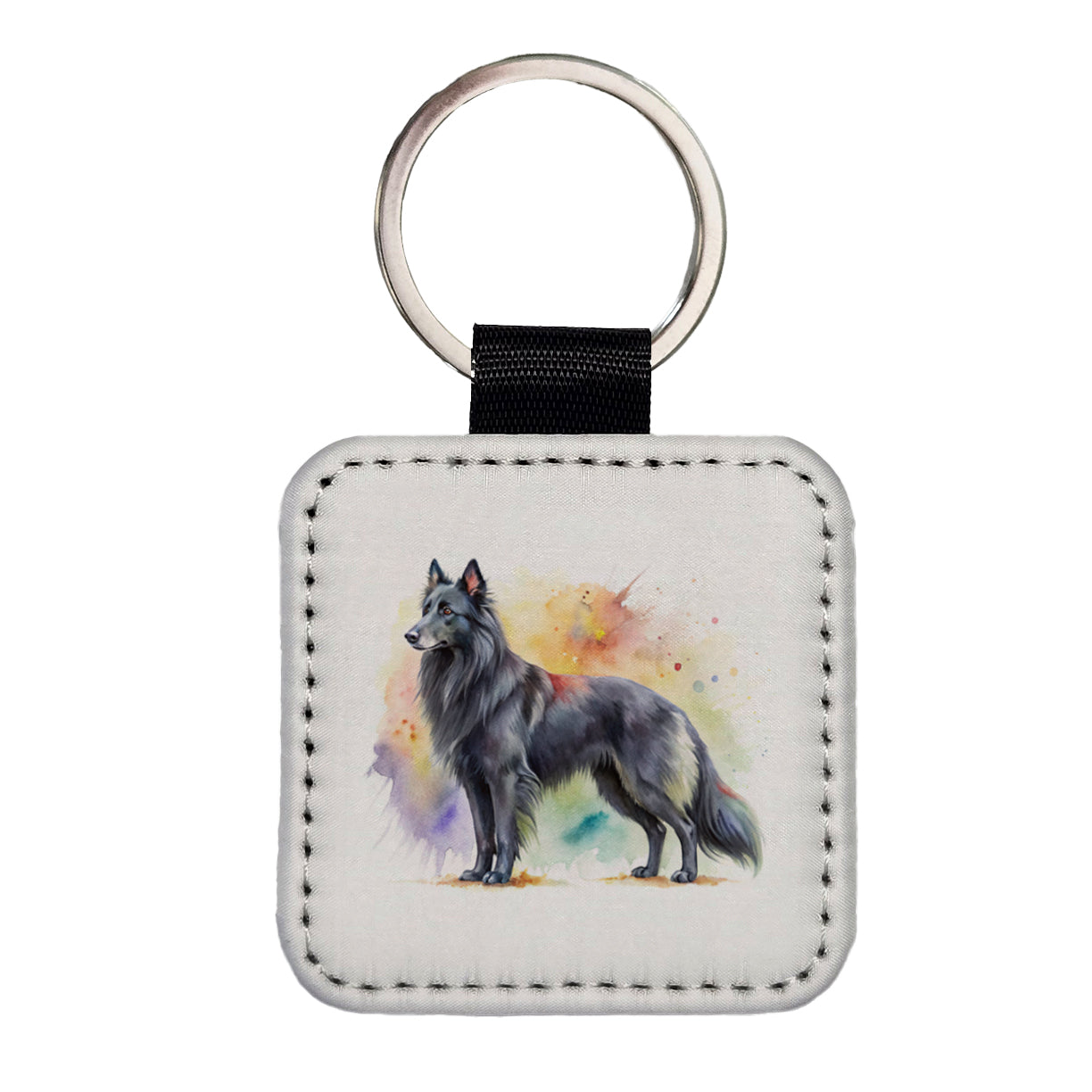 Groenendael Belgian Sheepdog Dog Watercolor Style Square Faux Leather Keychain