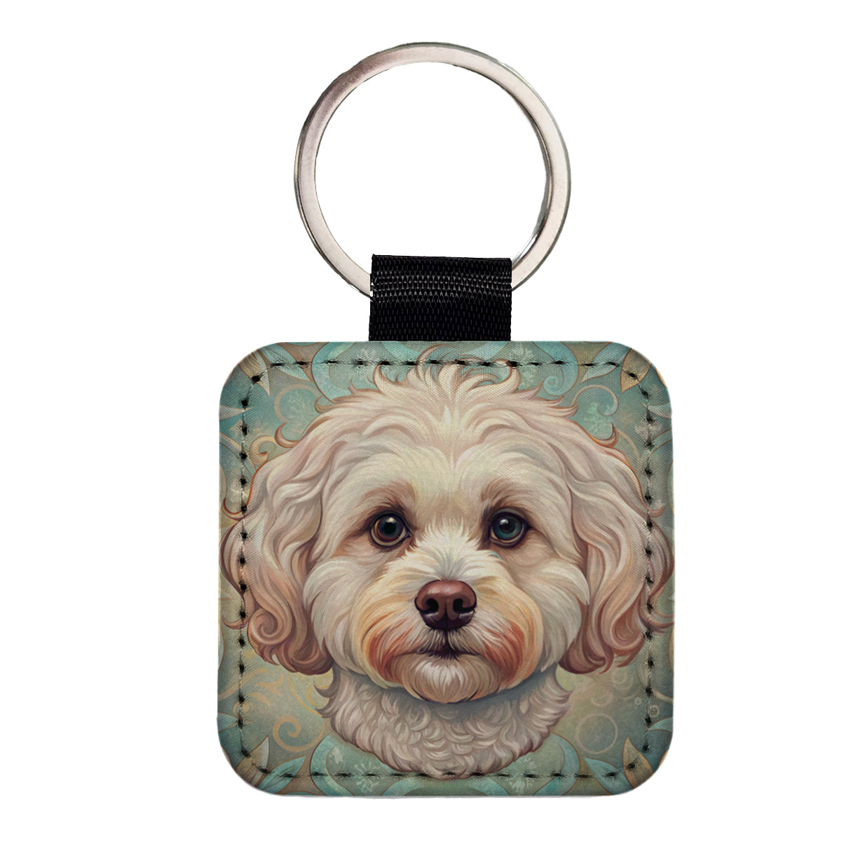 Maltipoo Dog Art Nouveau Square Faux Leather Keychain