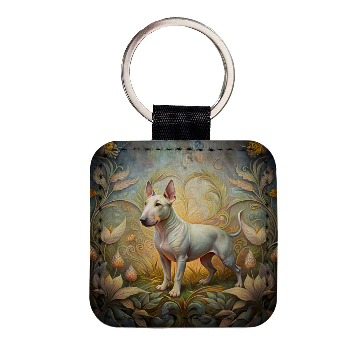 Miniature Bull Terrier Dog Art Nouveau Square Faux Leather Keychain