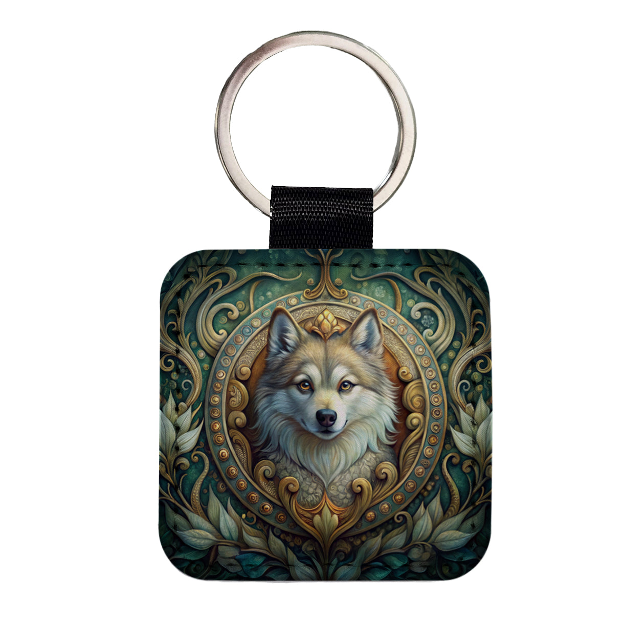 Pomsky Dog Art Nouveau Square Faux Leather Keychain