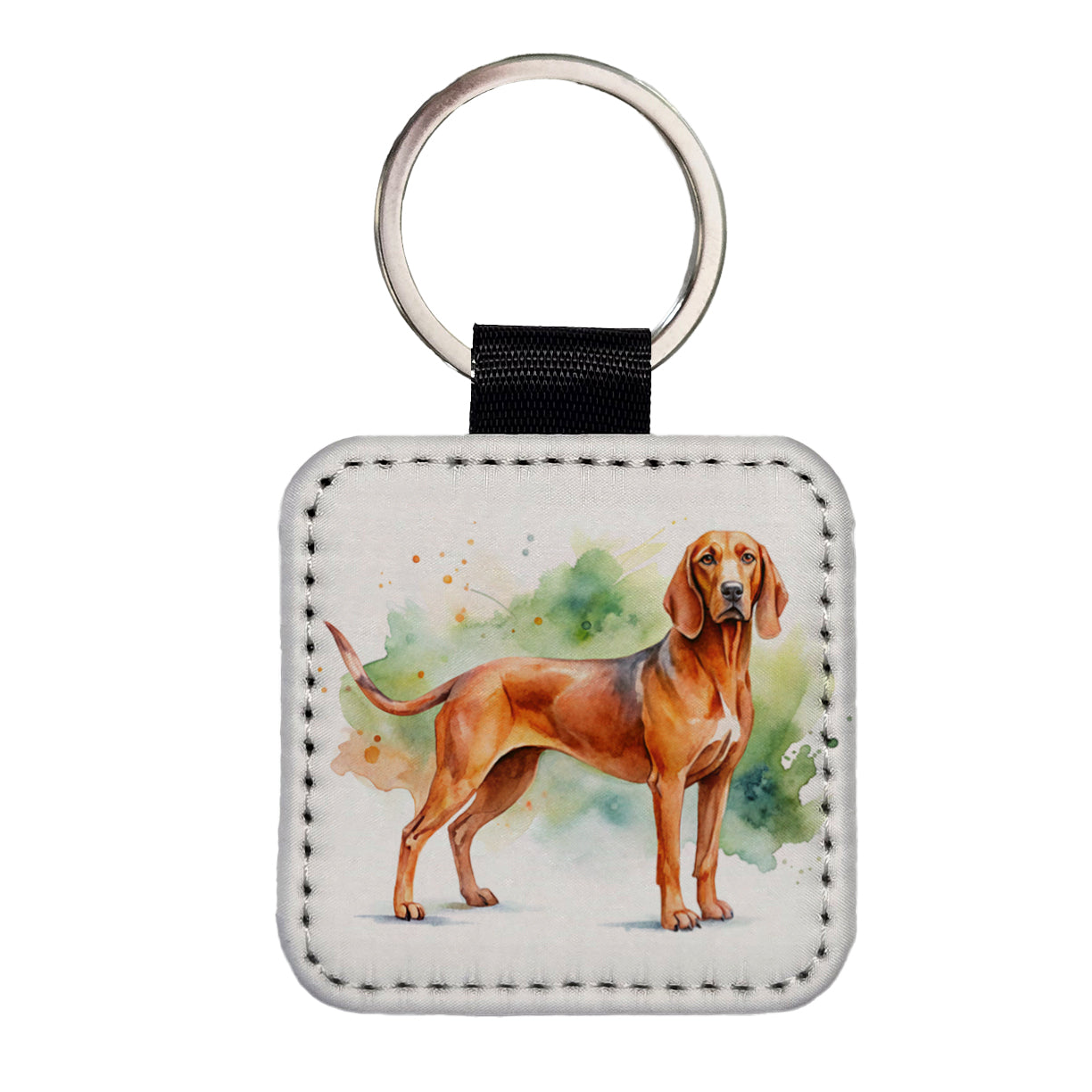 Redbone Coonhound Dog Watercolor Style Square Faux Leather Keychain