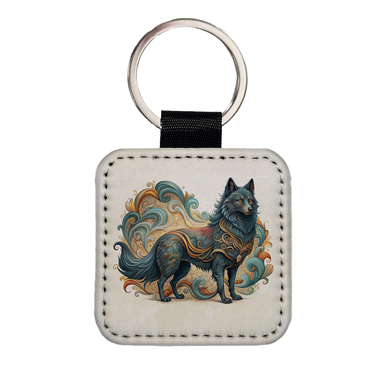 Schipperke Dog Art Nouveau Square Faux Leather Keychain