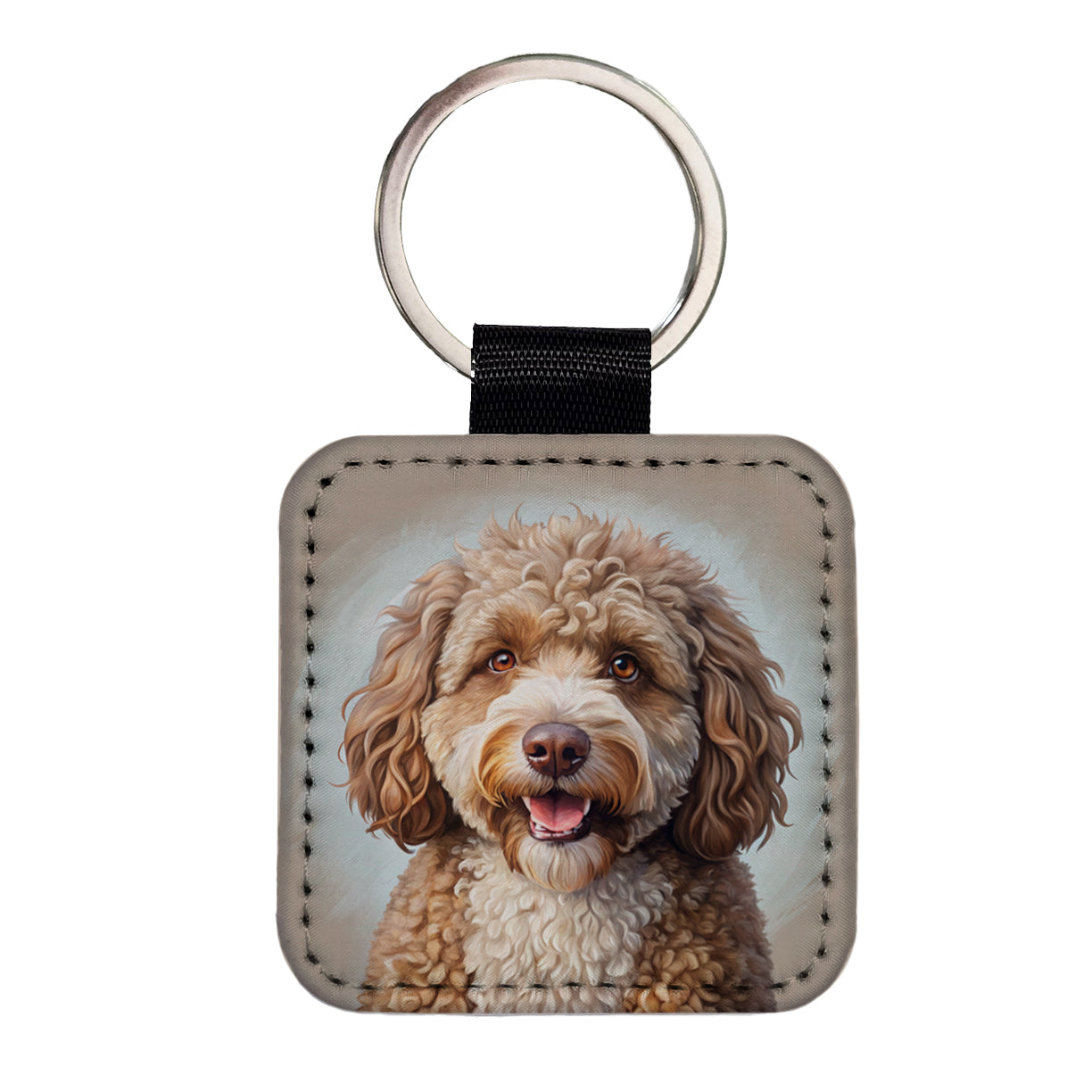 Spanish Water Dog Illustration Square Faux Leather Keychain