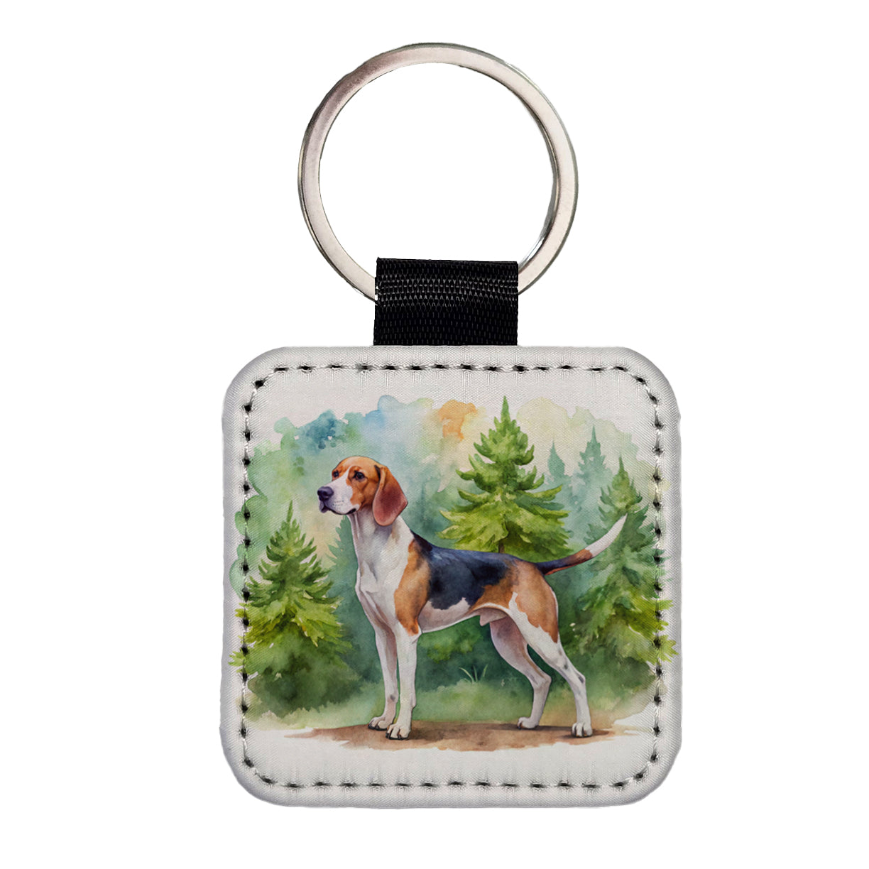 Treeing Walker Coonhound Dog Watercolor Style Square Faux Leather Keychain