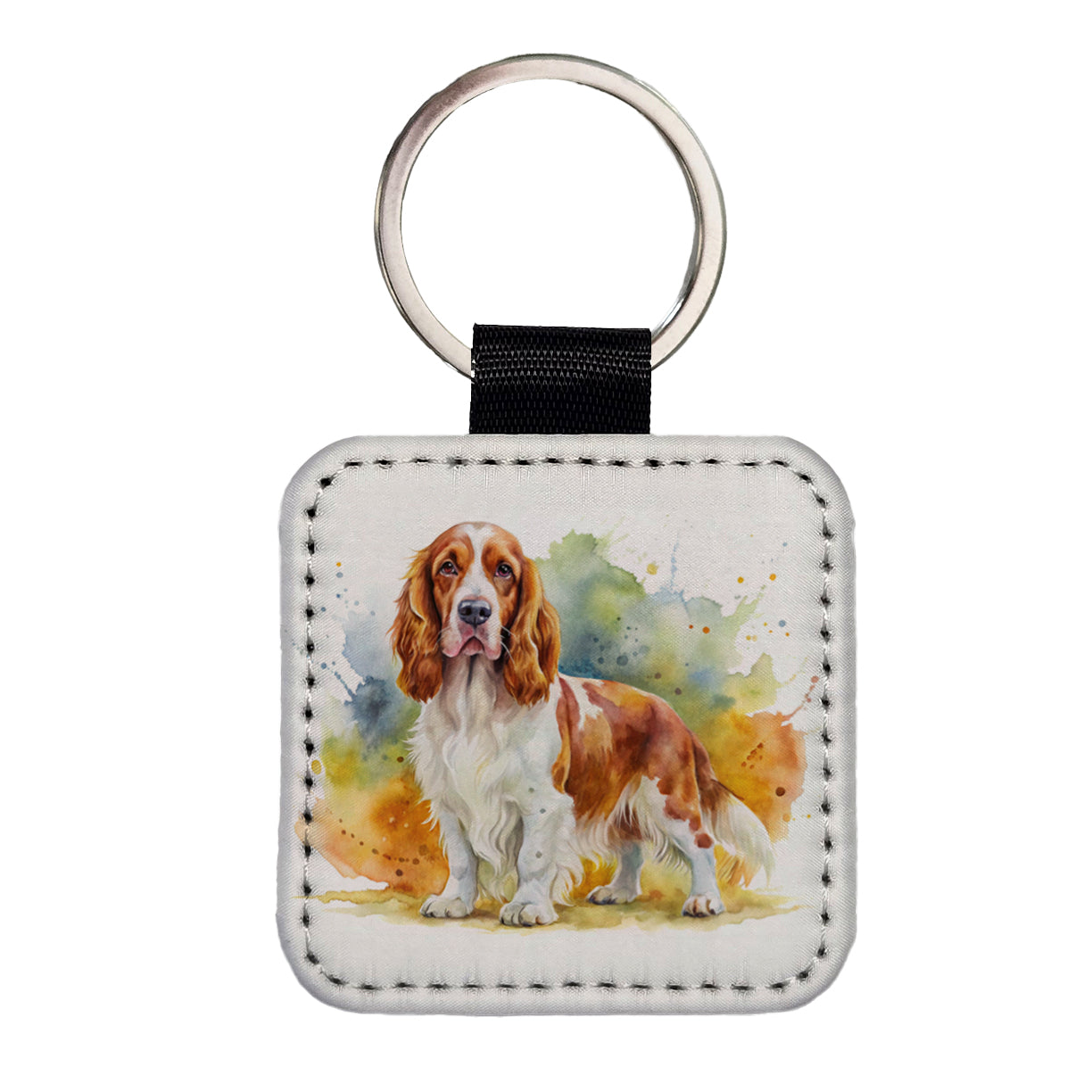 Welsh Springer Spaniel Dog Watercolor Style Square Faux Leather Keychain