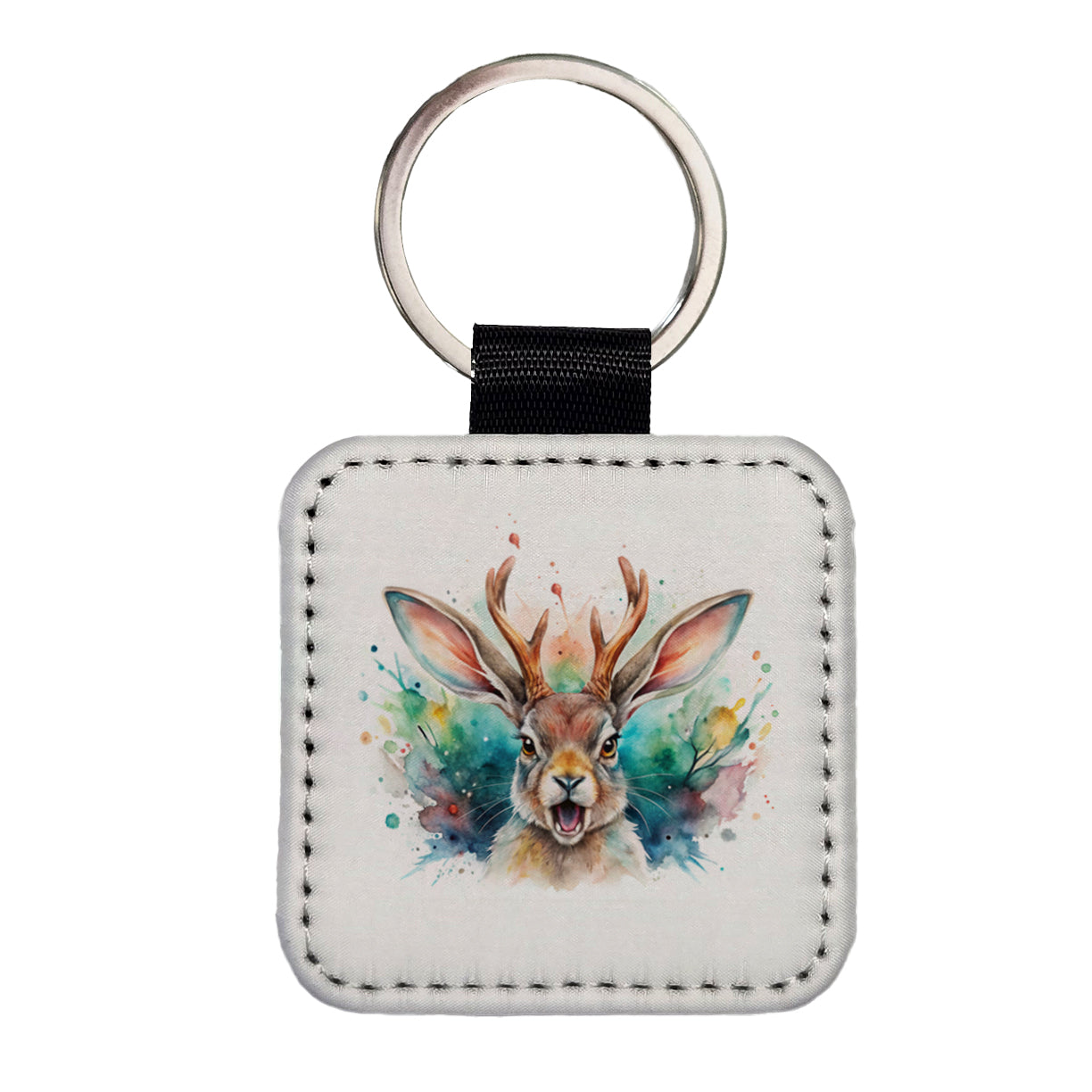 Angry Jackalope Watercolor Square Faux Leather Keychain