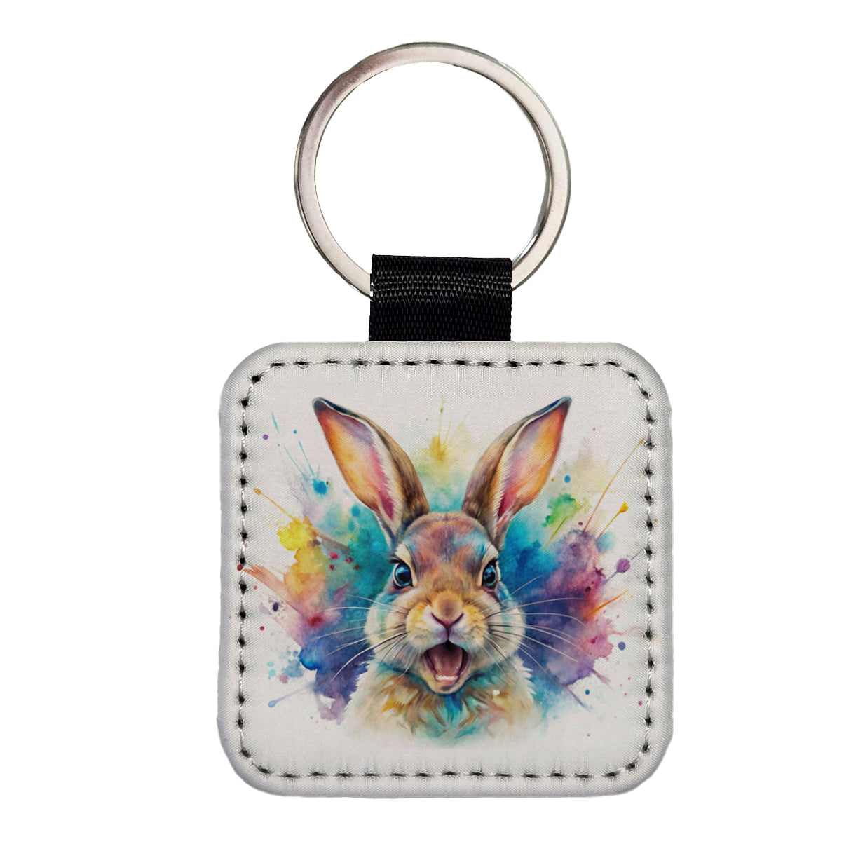 Angry Rabbit Bunny Watercolor Square Faux Leather Keychain