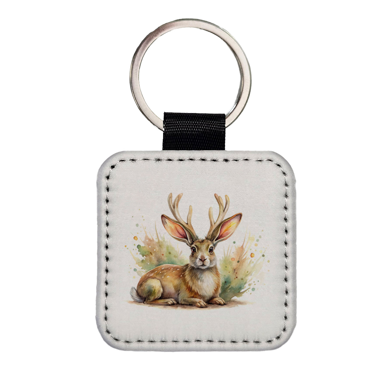 Jackalope Watercolor Square Faux Leather Keychain
